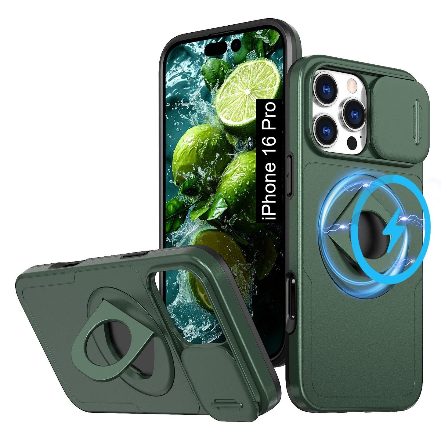 LuxuryKase Mag-Safe Shockproof Rugged Back Case with Finger Ring Kickstand & Sliding Camera Cover | Military Drop Protection | Wireless Charging Support For iPhone Series
