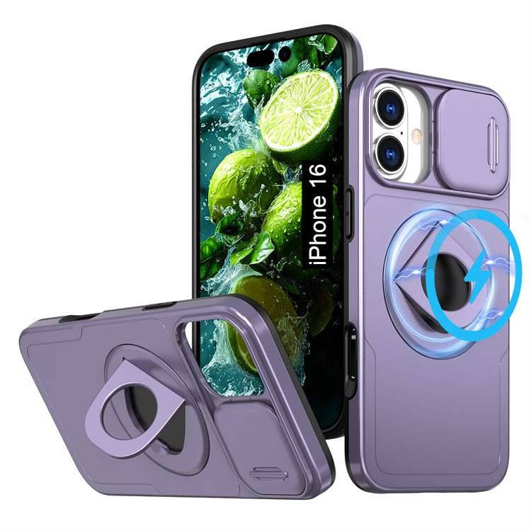 LuxuryKase Mag-Safe Shockproof Rugged Back Case with Finger Ring Kickstand & Sliding Camera Cover | Military Drop Protection | Wireless Charging Support For iPhone Series