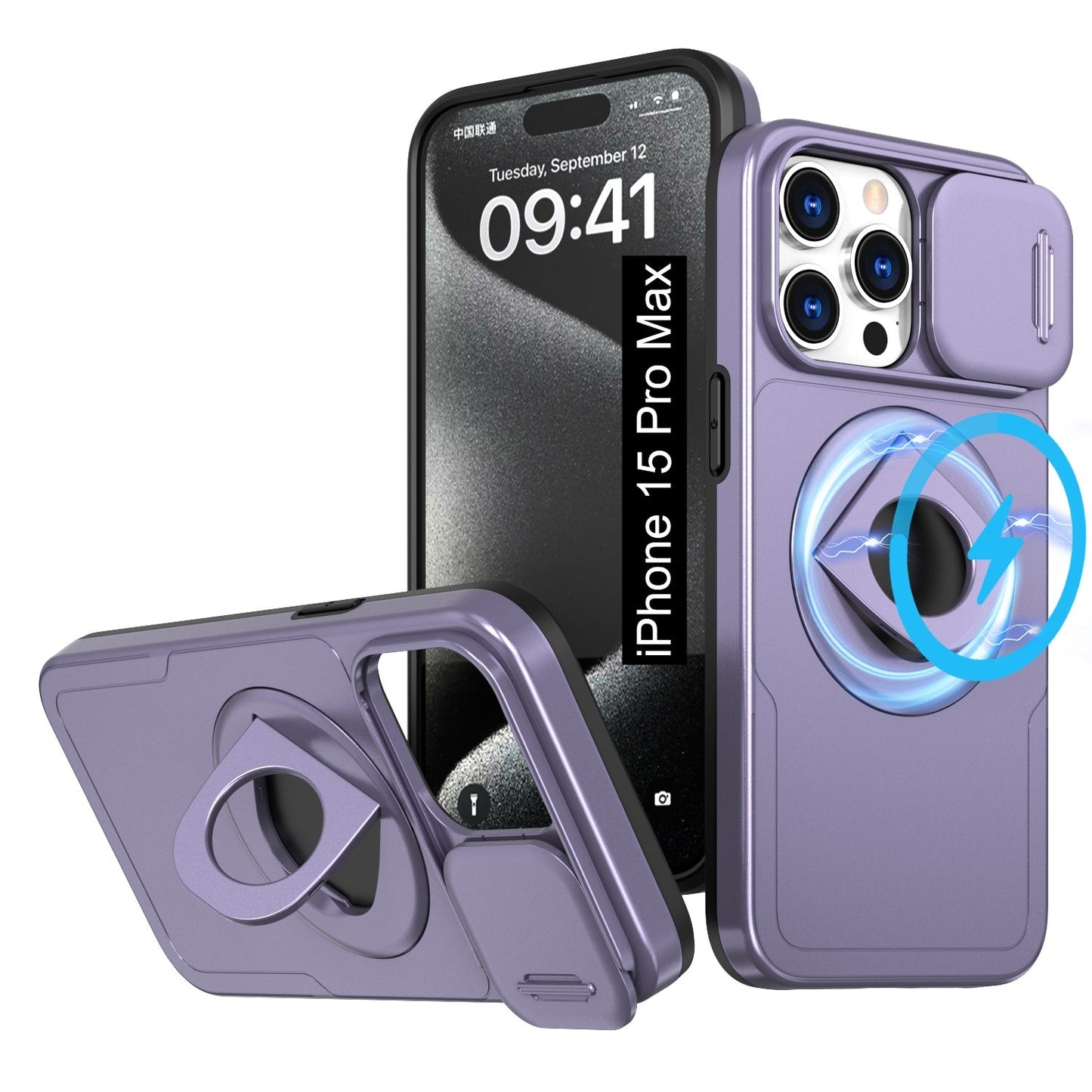 LuxuryKase Mag-Safe Shockproof Rugged Back Case with Finger Ring Kickstand & Sliding Camera Cover | Military Drop Protection | Wireless Charging Support For iPhone Series
