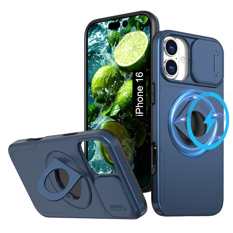 LuxuryKase Mag-Safe Shockproof Rugged Back Case with Finger Ring Kickstand & Sliding Camera Cover | Military Drop Protection | Wireless Charging Support For iPhone Series