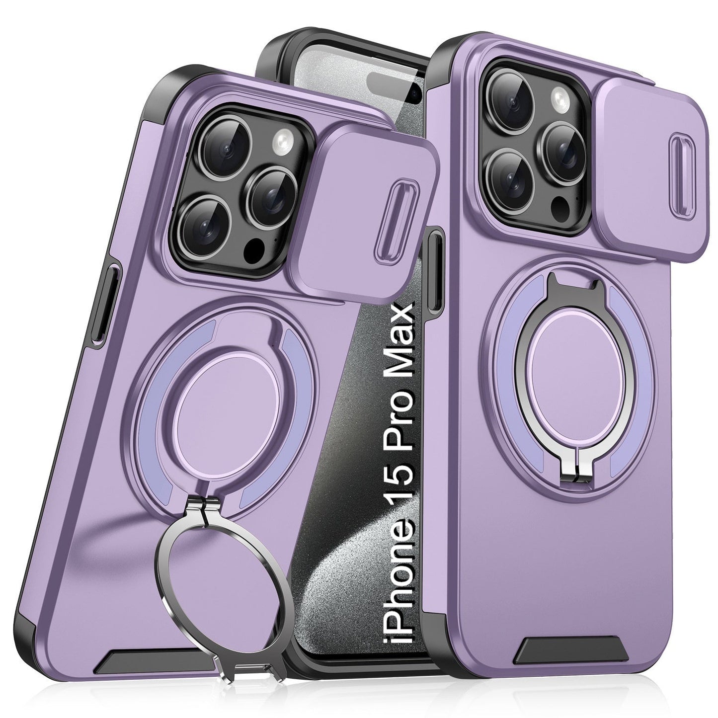LuxuryKase Shockproof Magnetic Case with Slide Camera Cover | 360° Rotating Ring Kickstand | Mag-Safe Compatible | Rugged Armor Protection For iPhone Series