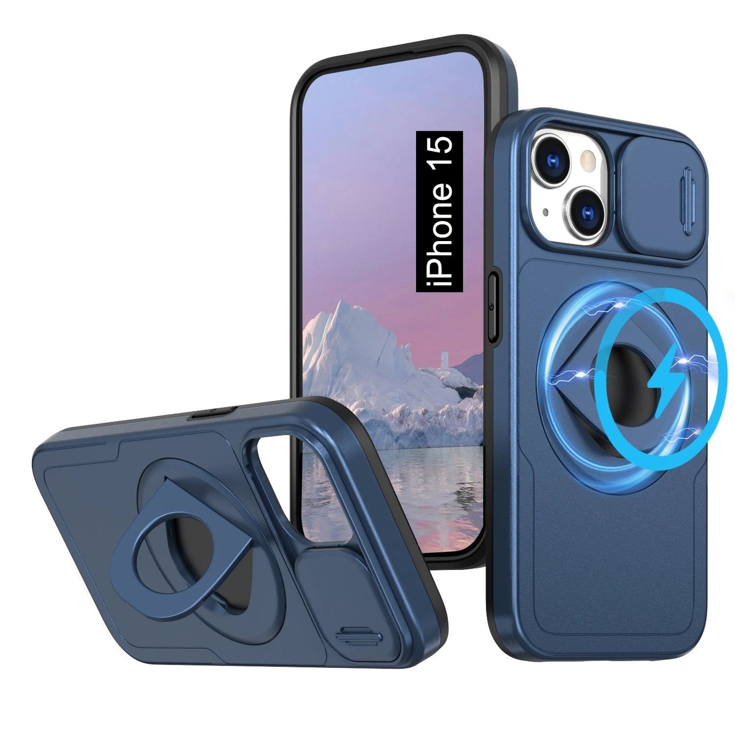 LuxuryKase Mag-Safe Shockproof Rugged Back Case with Finger Ring Kickstand & Sliding Camera Cover | Military Drop Protection | Wireless Charging Support For iPhone Series