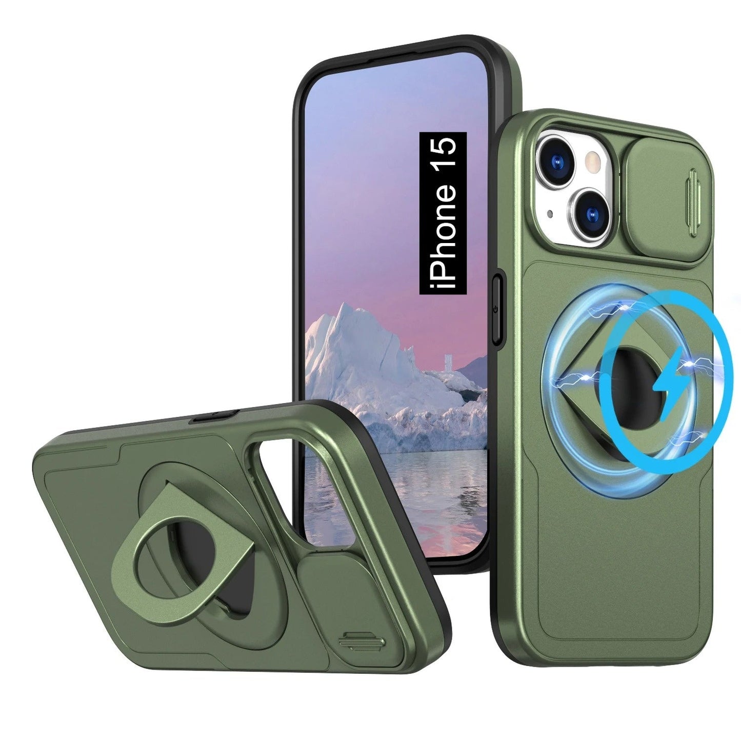 LuxuryKase Mag-Safe Shockproof Rugged Back Case with Finger Ring Kickstand & Sliding Camera Cover | Military Drop Protection | Wireless Charging Support For iPhone Series