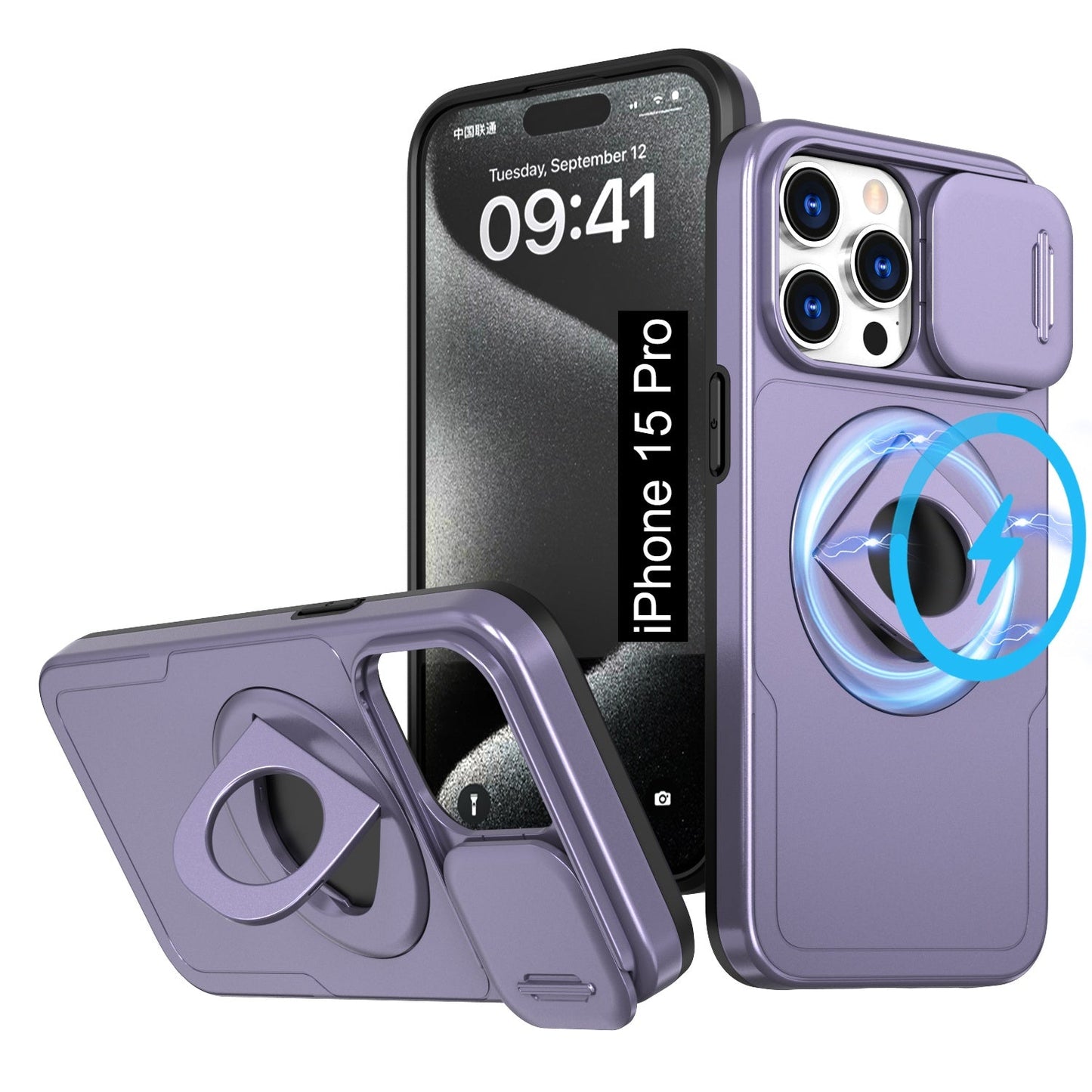 LuxuryKase Mag-Safe Shockproof Rugged Back Case with Finger Ring Kickstand & Sliding Camera Cover | Military Drop Protection | Wireless Charging Support For iPhone Series