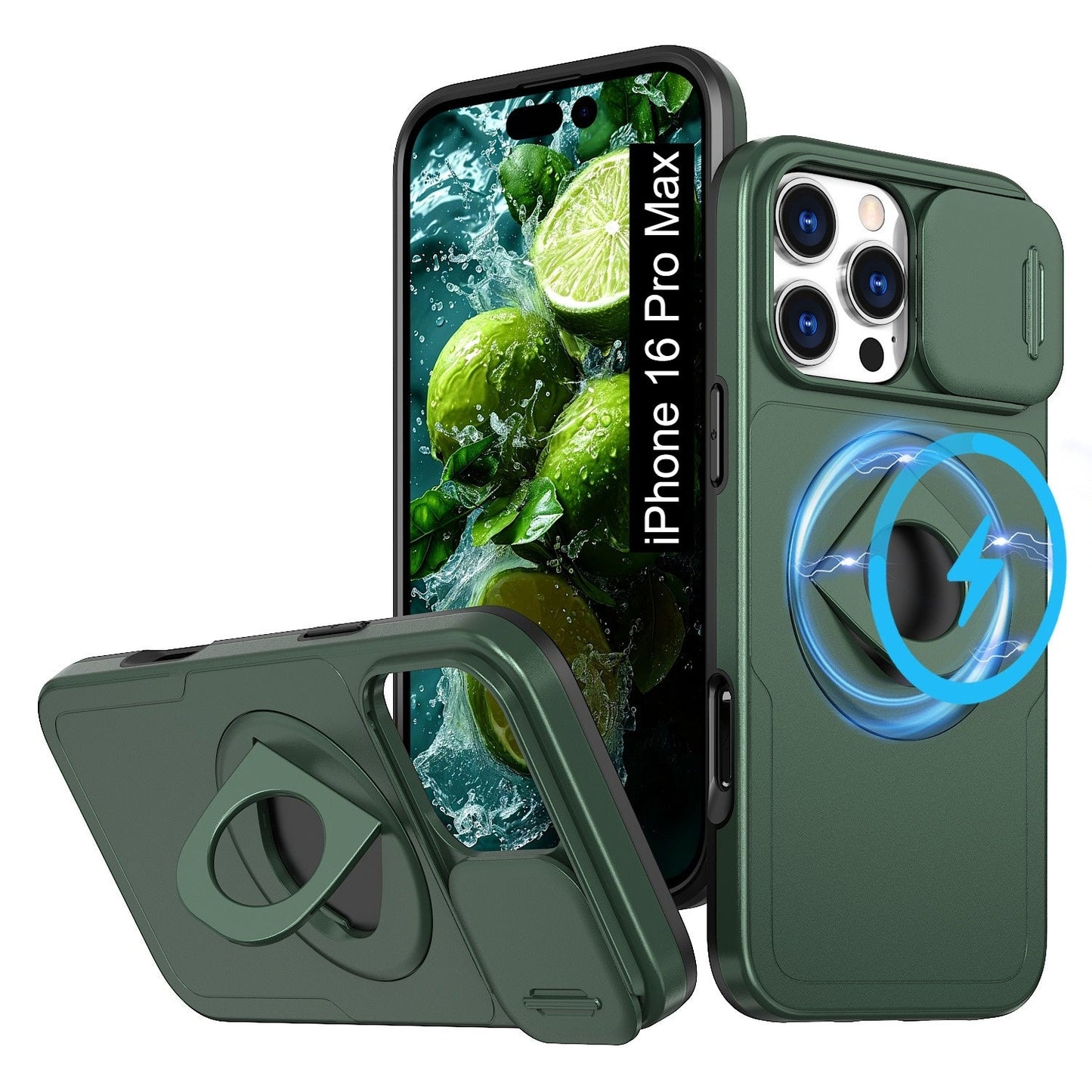 LuxuryKase Mag-Safe Shockproof Rugged Back Case with Finger Ring Kickstand & Sliding Camera Cover | Military Drop Protection | Wireless Charging Support For iPhone Series