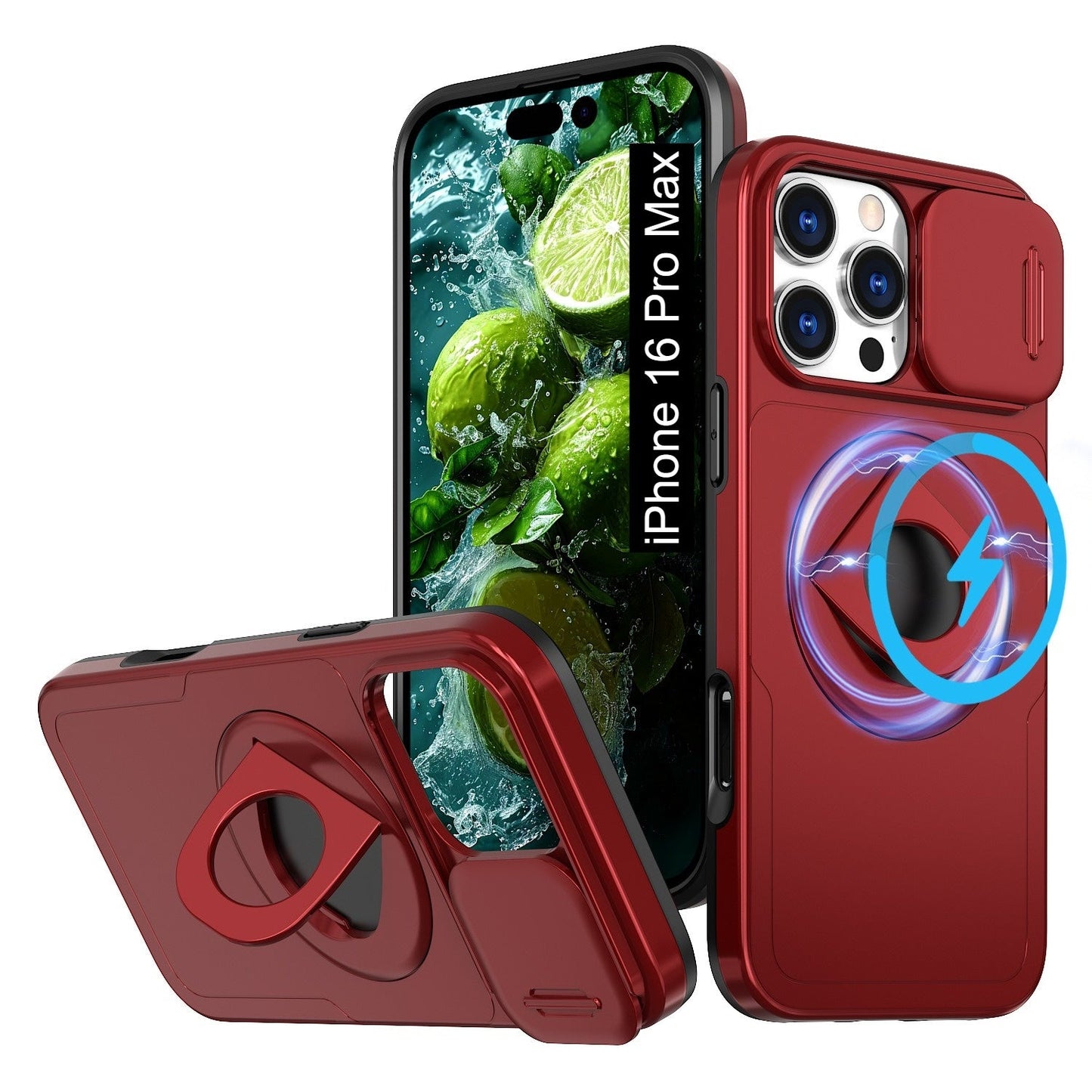 LuxuryKase Mag-Safe Shockproof Rugged Back Case with Finger Ring Kickstand & Sliding Camera Cover | Military Drop Protection | Wireless Charging Support For iPhone Series