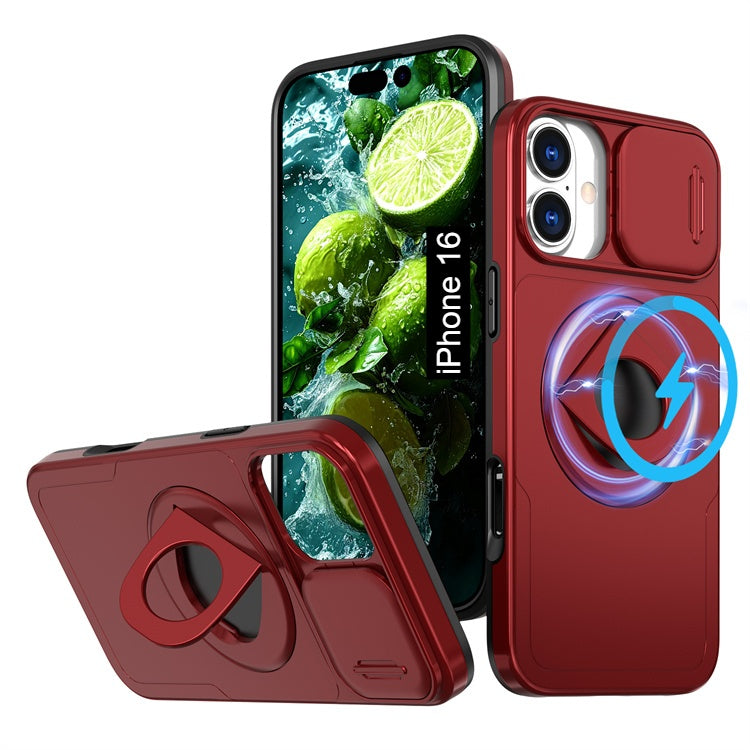 LuxuryKase Mag-Safe Shockproof Rugged Back Case with Finger Ring Kickstand & Sliding Camera Cover | Military Drop Protection | Wireless Charging Support For iPhone Series