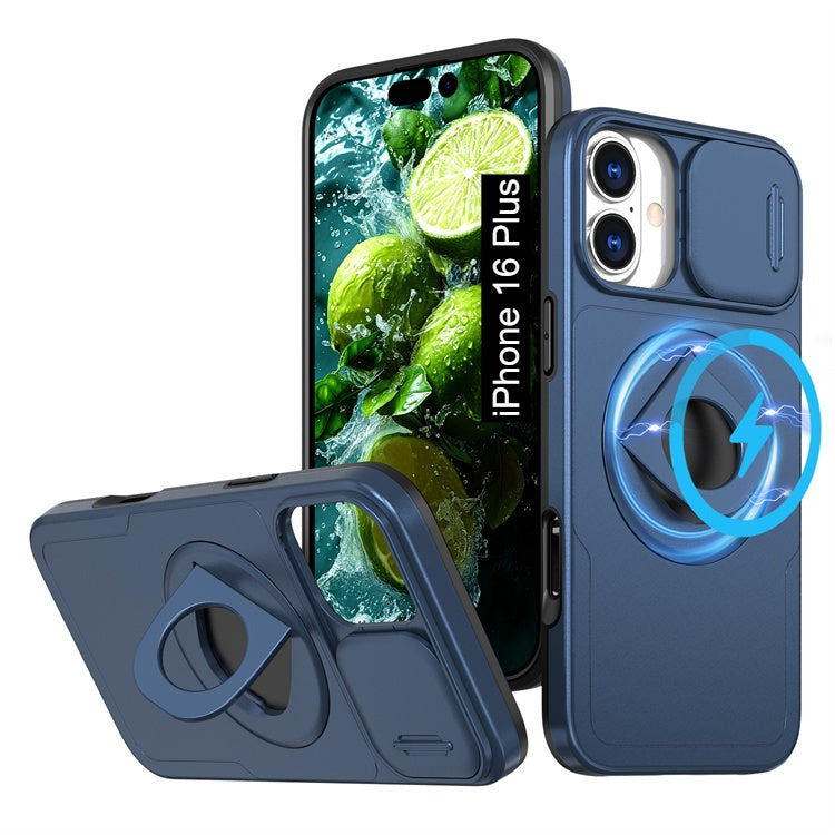 LuxuryKase Mag-Safe Shockproof Rugged Back Case with Finger Ring Kickstand & Sliding Camera Cover | Military Drop Protection | Wireless Charging Support For iPhone Series