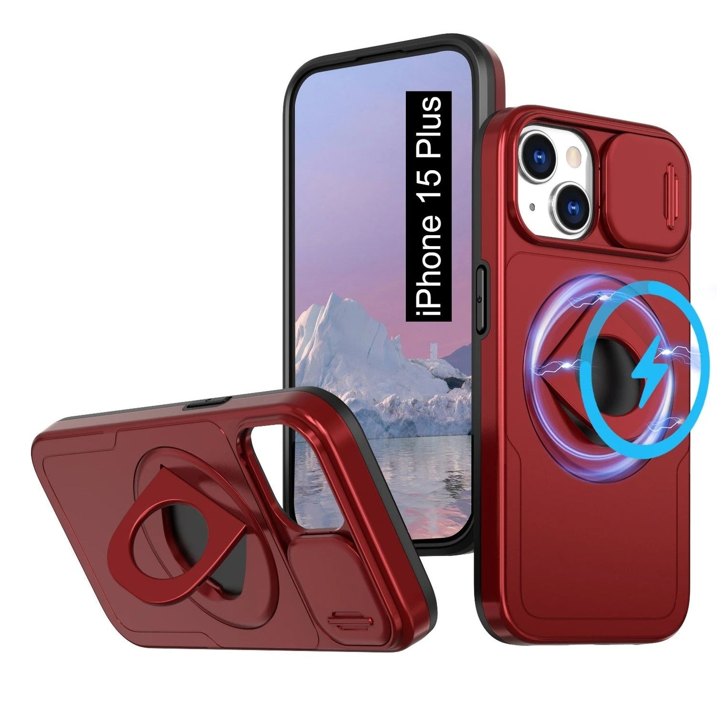 LuxuryKase Mag-Safe Shockproof Rugged Back Case with Finger Ring Kickstand & Sliding Camera Cover | Military Drop Protection | Wireless Charging Support For iPhone Series