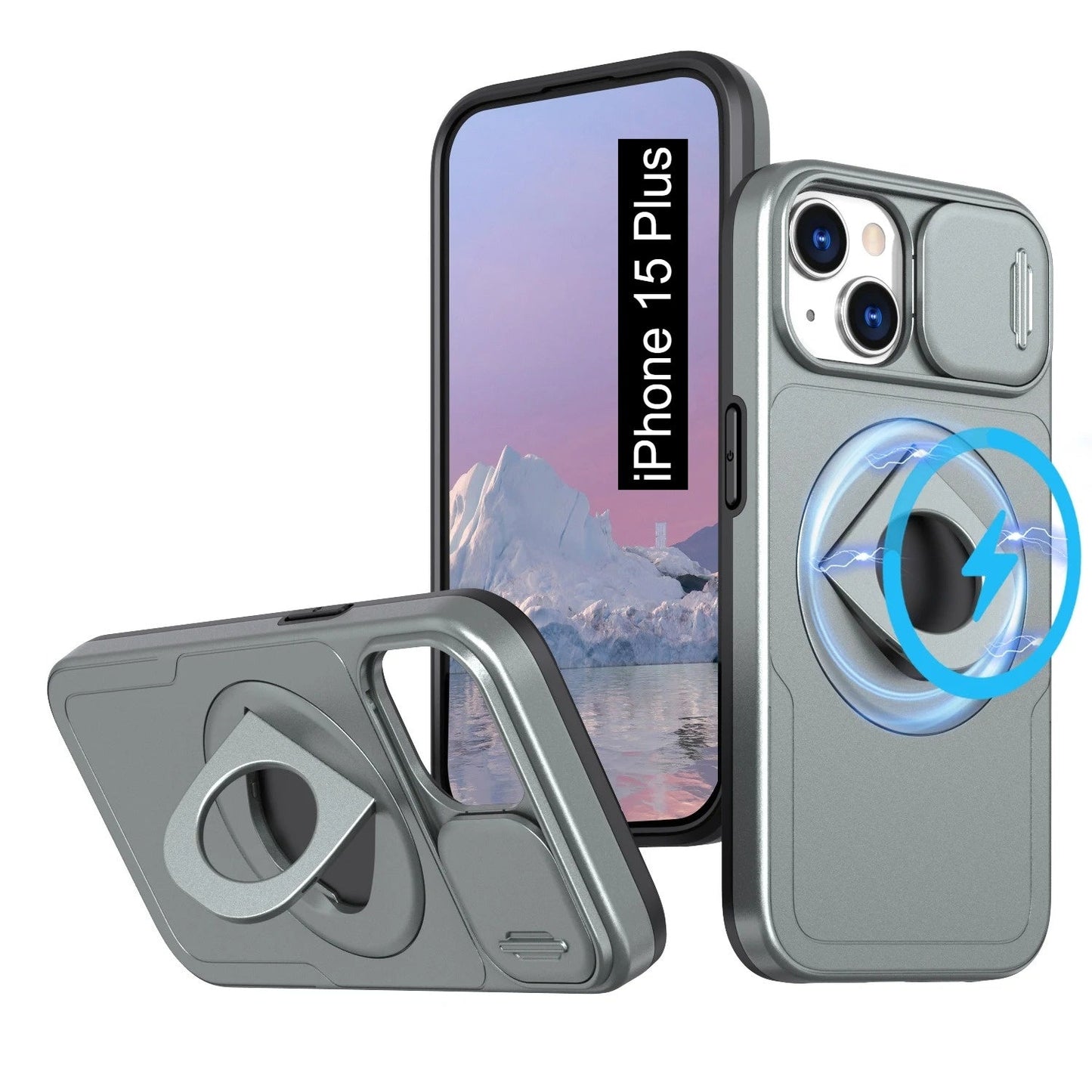 LuxuryKase Mag-Safe Shockproof Rugged Back Case with Finger Ring Kickstand & Sliding Camera Cover | Military Drop Protection | Wireless Charging Support For iPhone Series