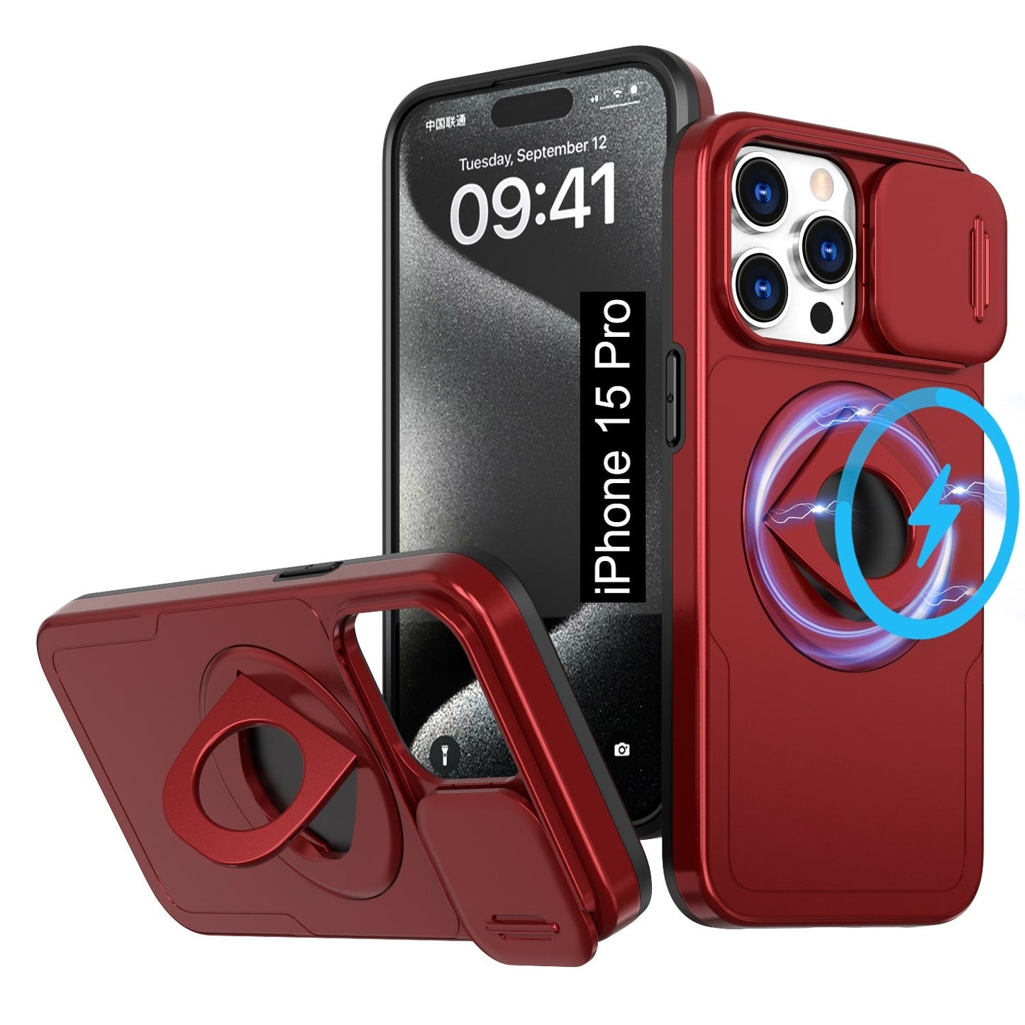 LuxuryKase Mag-Safe Shockproof Rugged Back Case with Finger Ring Kickstand & Sliding Camera Cover | Military Drop Protection | Wireless Charging Support For iPhone Series