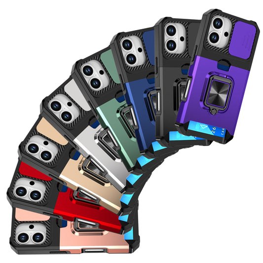 LuxuryKase Shockproof Armor Case | Slide Camera Cover | Hidden Card Slot | Rotating Ring Kickstand | Magnetic Car Mount Support | Military Grade Protection For iPhone & Samsung