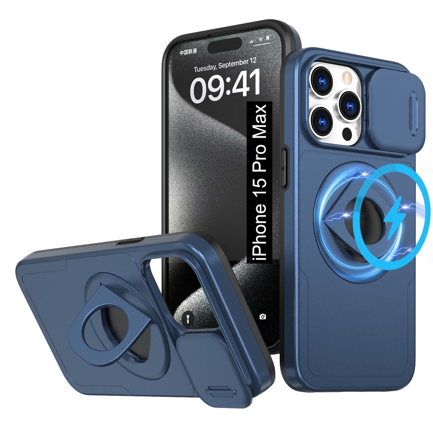 LuxuryKase Mag-Safe Shockproof Rugged Back Case with Finger Ring Kickstand & Sliding Camera Cover | Military Drop Protection | Wireless Charging Support For iPhone Series