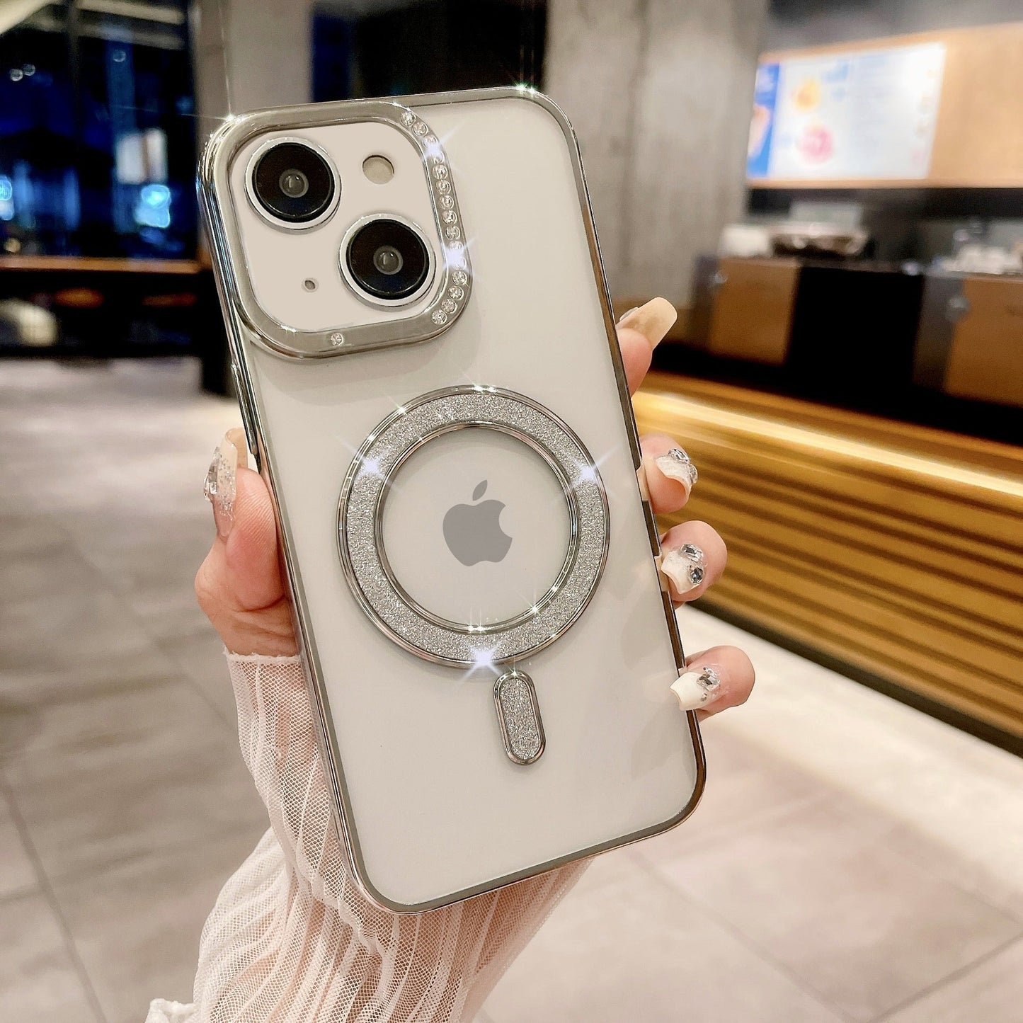 LuxuryKase Transparent Back Cover with Shimmer MagSafe Ring | Soft TPU Case | Stylish Shockproof Protective Mobile Case with Premium Finish For iPhone 15 & 16 Series