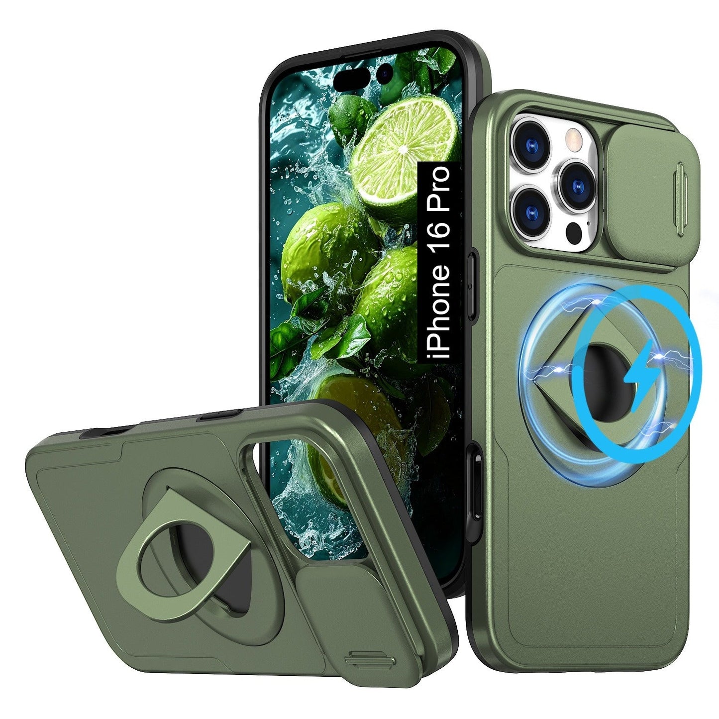 LuxuryKase Mag-Safe Shockproof Rugged Back Case with Finger Ring Kickstand & Sliding Camera Cover | Military Drop Protection | Wireless Charging Support For iPhone Series