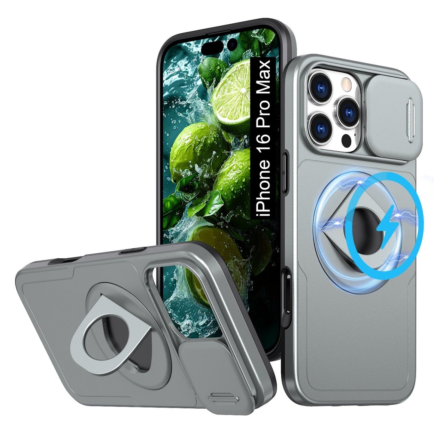 LuxuryKase Mag-Safe Shockproof Rugged Back Case with Finger Ring Kickstand & Sliding Camera Cover | Military Drop Protection | Wireless Charging Support For iPhone Series