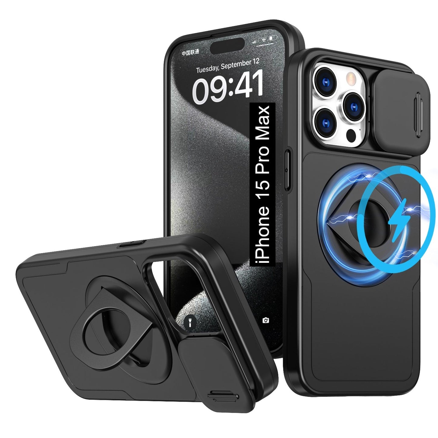 LuxuryKase Mag-Safe Shockproof Rugged Back Case with Finger Ring Kickstand & Sliding Camera Cover | Military Drop Protection | Wireless Charging Support For iPhone Series