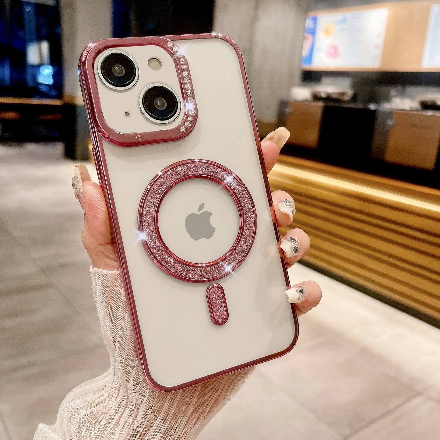 LuxuryKase Transparent Back Cover with Shimmer MagSafe Ring | Soft TPU Case | Stylish Shockproof Protective Mobile Case with Premium Finish For iPhone 15 & 16 Series