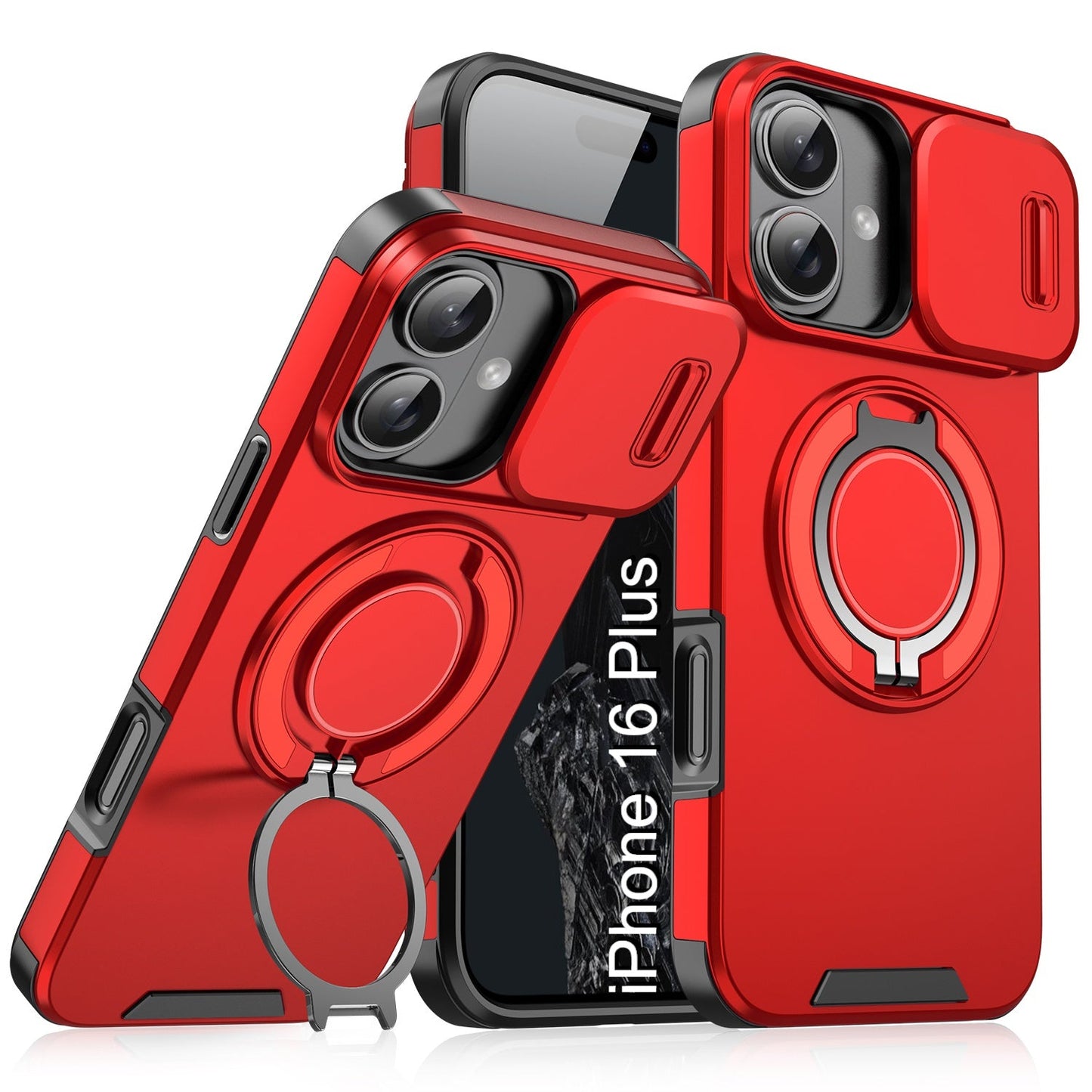 LuxuryKase Shockproof Magnetic Case with Slide Camera Cover | 360° Rotating Ring Kickstand | Mag-Safe Compatible | Rugged Armor Protection For iPhone Series