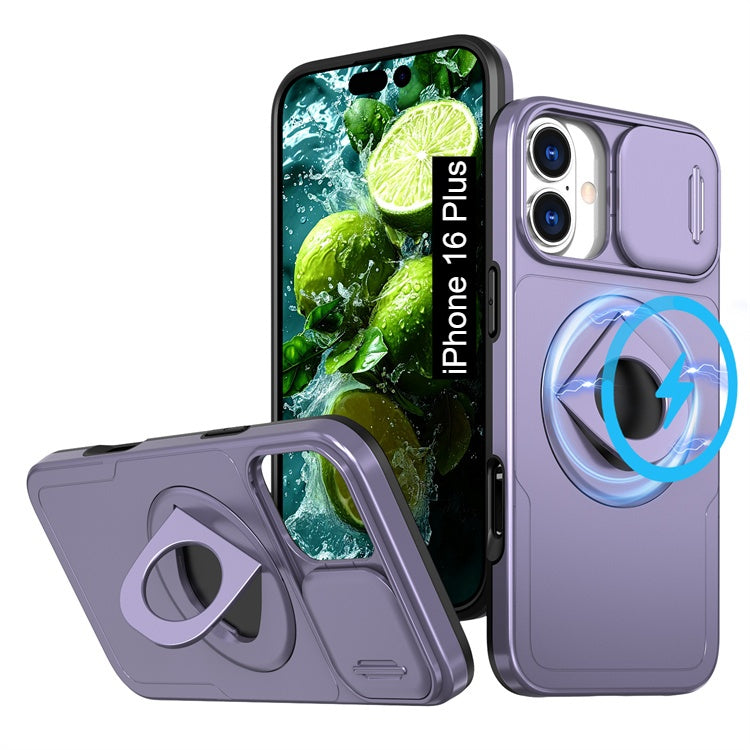 LuxuryKase Mag-Safe Shockproof Rugged Back Case with Finger Ring Kickstand & Sliding Camera Cover | Military Drop Protection | Wireless Charging Support For iPhone Series