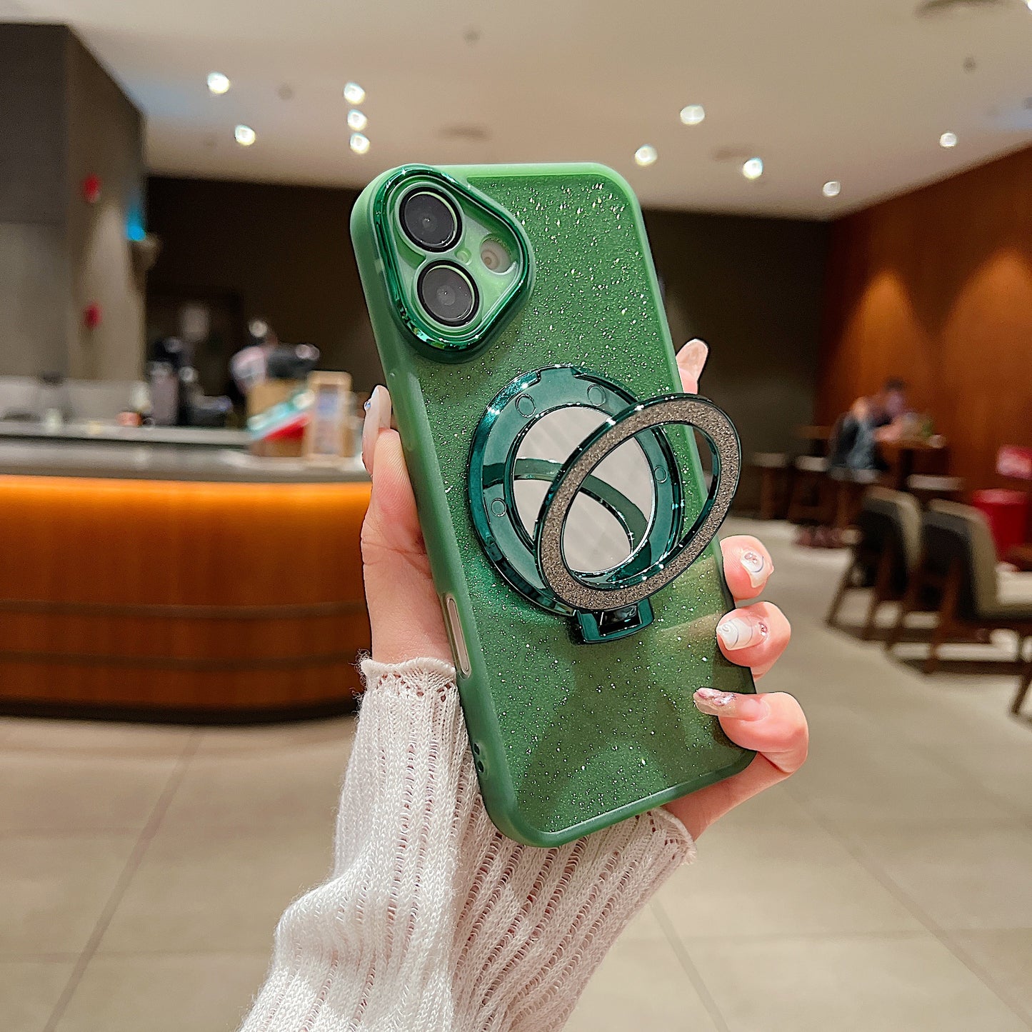 LuxuryKase LK161 Mirror Bracket Stand Holder Bling Glitter Mag-Safe Case Cover For iPhone