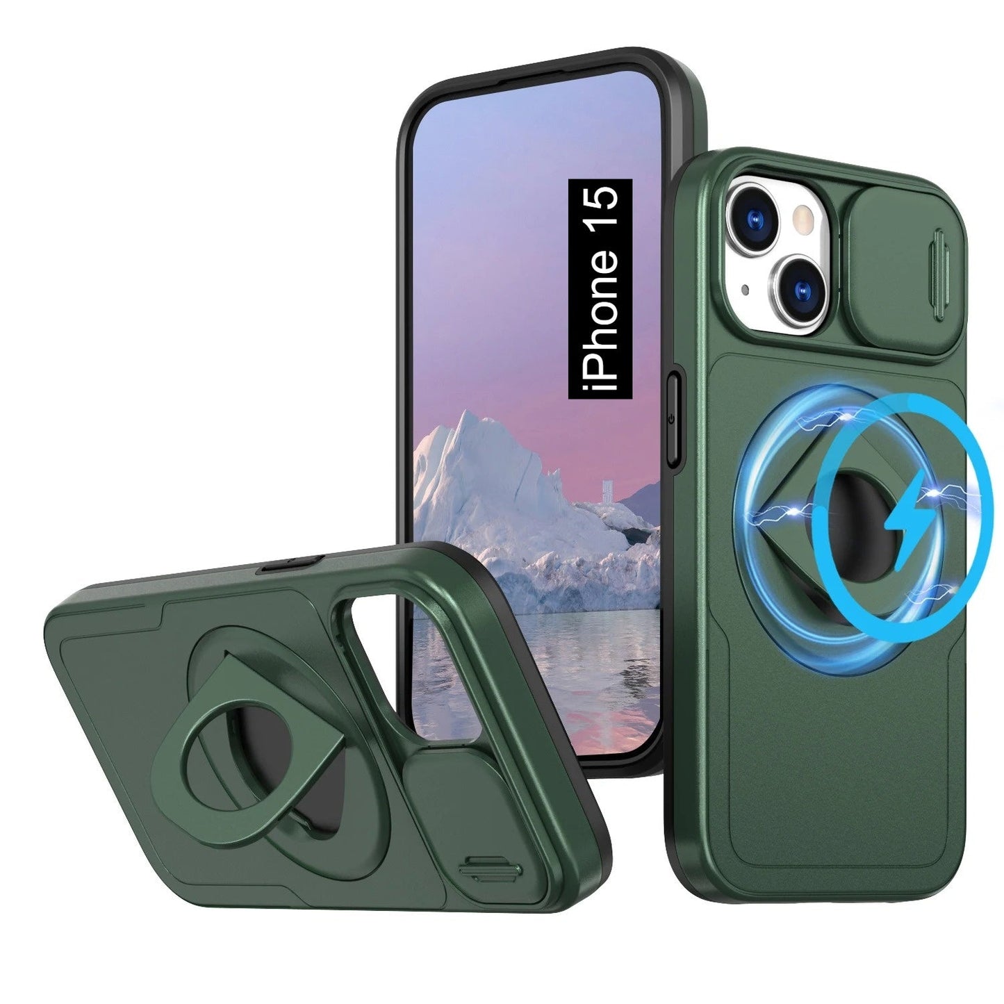 LuxuryKase Mag-Safe Shockproof Rugged Back Case with Finger Ring Kickstand & Sliding Camera Cover | Military Drop Protection | Wireless Charging Support For iPhone Series