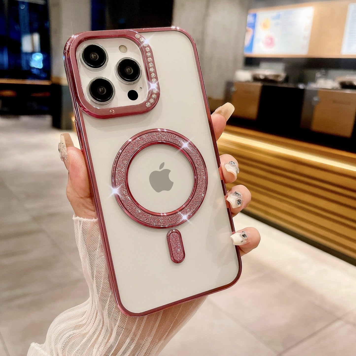 LuxuryKase Transparent Back Cover with Shimmer MagSafe Ring | Soft TPU Case | Stylish Shockproof Protective Mobile Case with Premium Finish For iPhone 15 & 16 Series