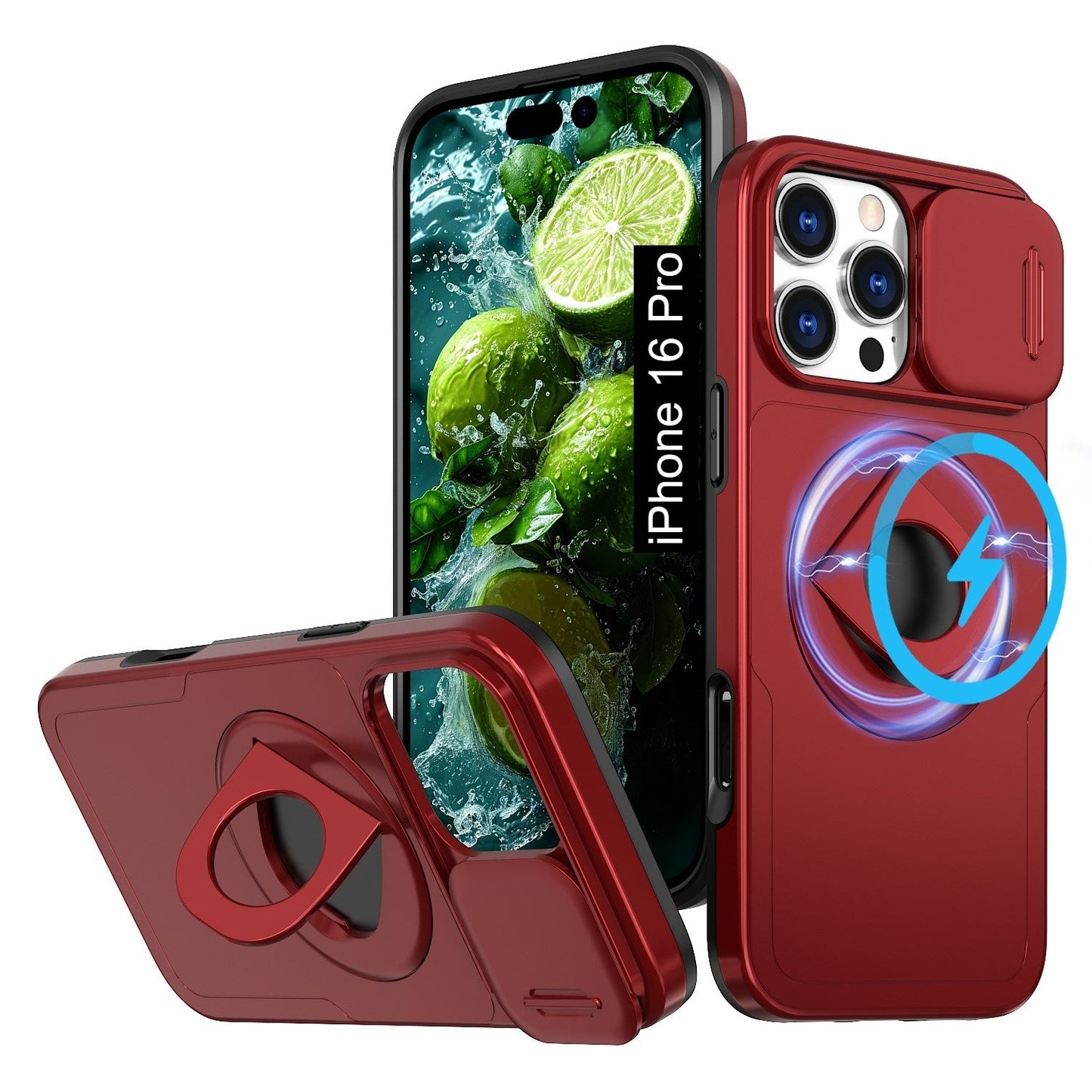 LuxuryKase Mag-Safe Shockproof Rugged Back Case with Finger Ring Kickstand & Sliding Camera Cover | Military Drop Protection | Wireless Charging Support For iPhone Series
