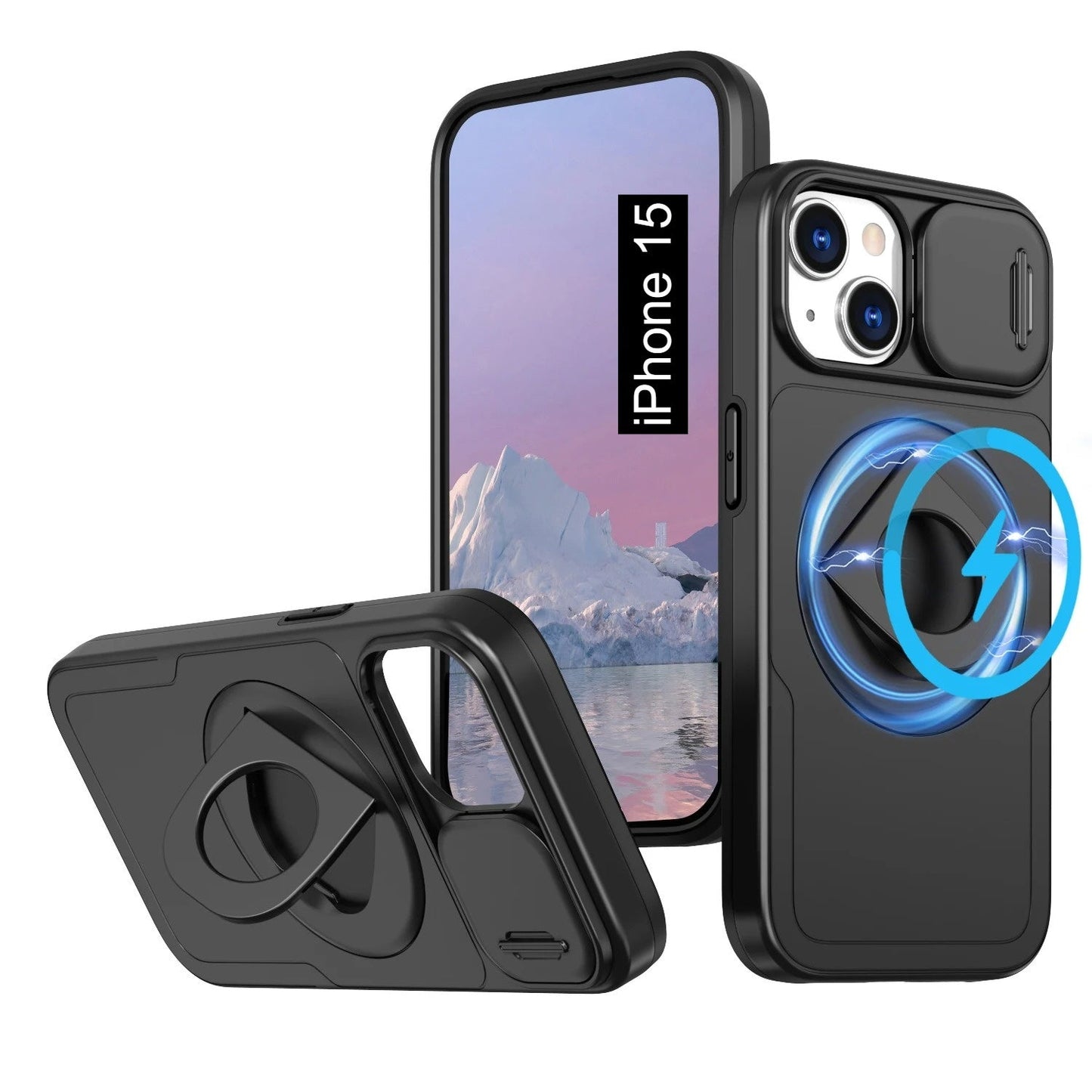 LuxuryKase Mag-Safe Shockproof Rugged Back Case with Finger Ring Kickstand & Sliding Camera Cover | Military Drop Protection | Wireless Charging Support For iPhone Series