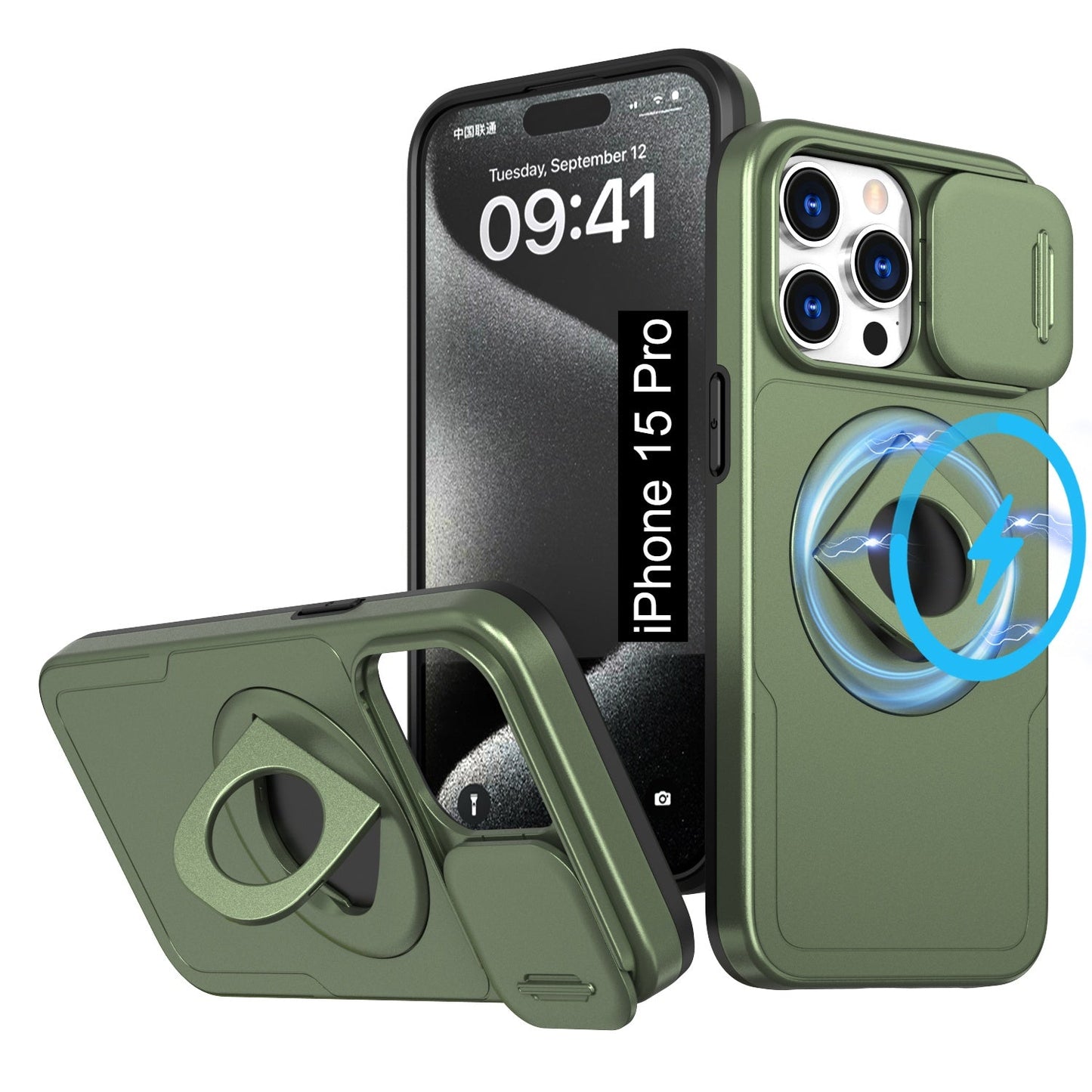 LuxuryKase Mag-Safe Shockproof Rugged Back Case with Finger Ring Kickstand & Sliding Camera Cover | Military Drop Protection | Wireless Charging Support For iPhone Series