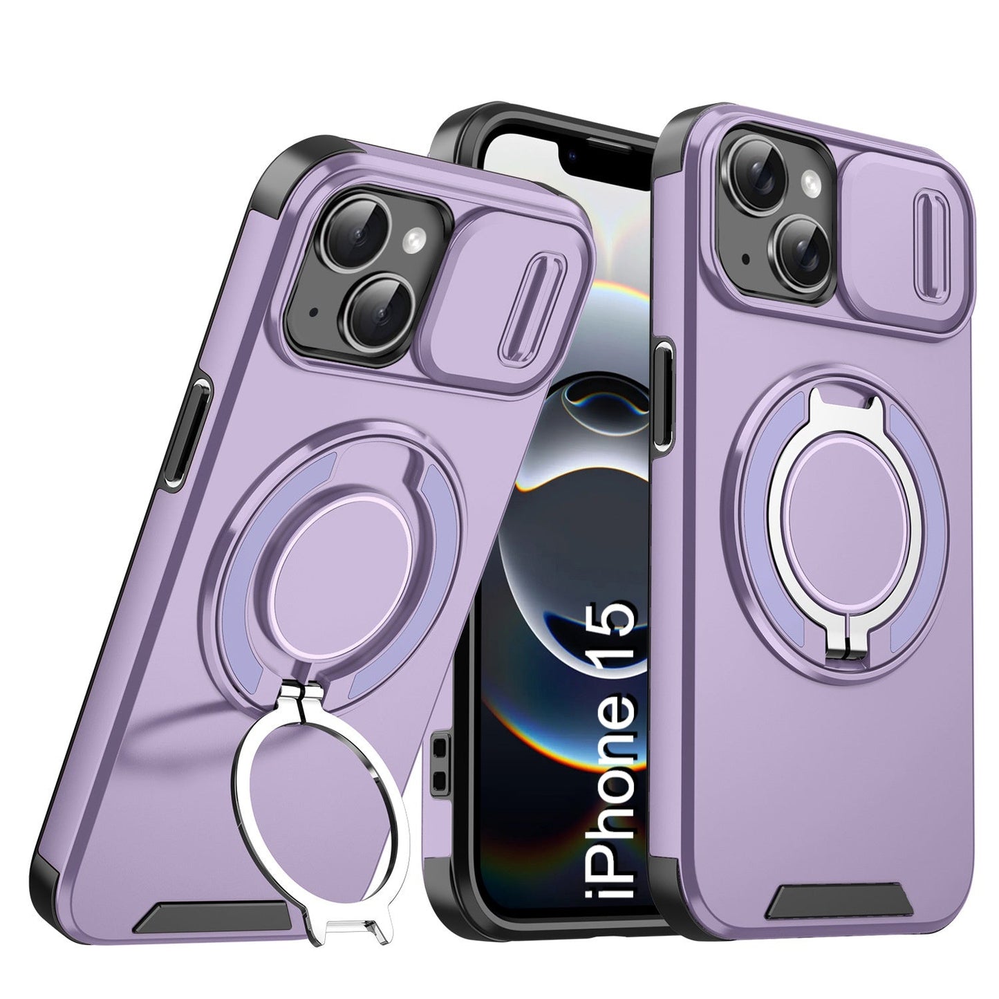 LuxuryKase Shockproof Magnetic Case with Slide Camera Cover | 360° Rotating Ring Kickstand | Mag-Safe Compatible | Rugged Armor Protection For iPhone Series