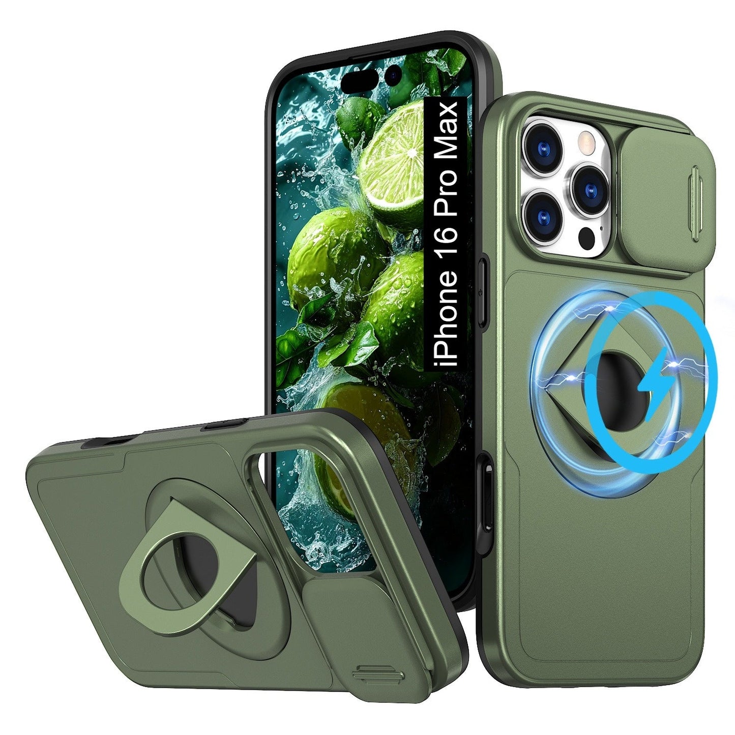 LuxuryKase Mag-Safe Shockproof Rugged Back Case with Finger Ring Kickstand & Sliding Camera Cover | Military Drop Protection | Wireless Charging Support For iPhone Series
