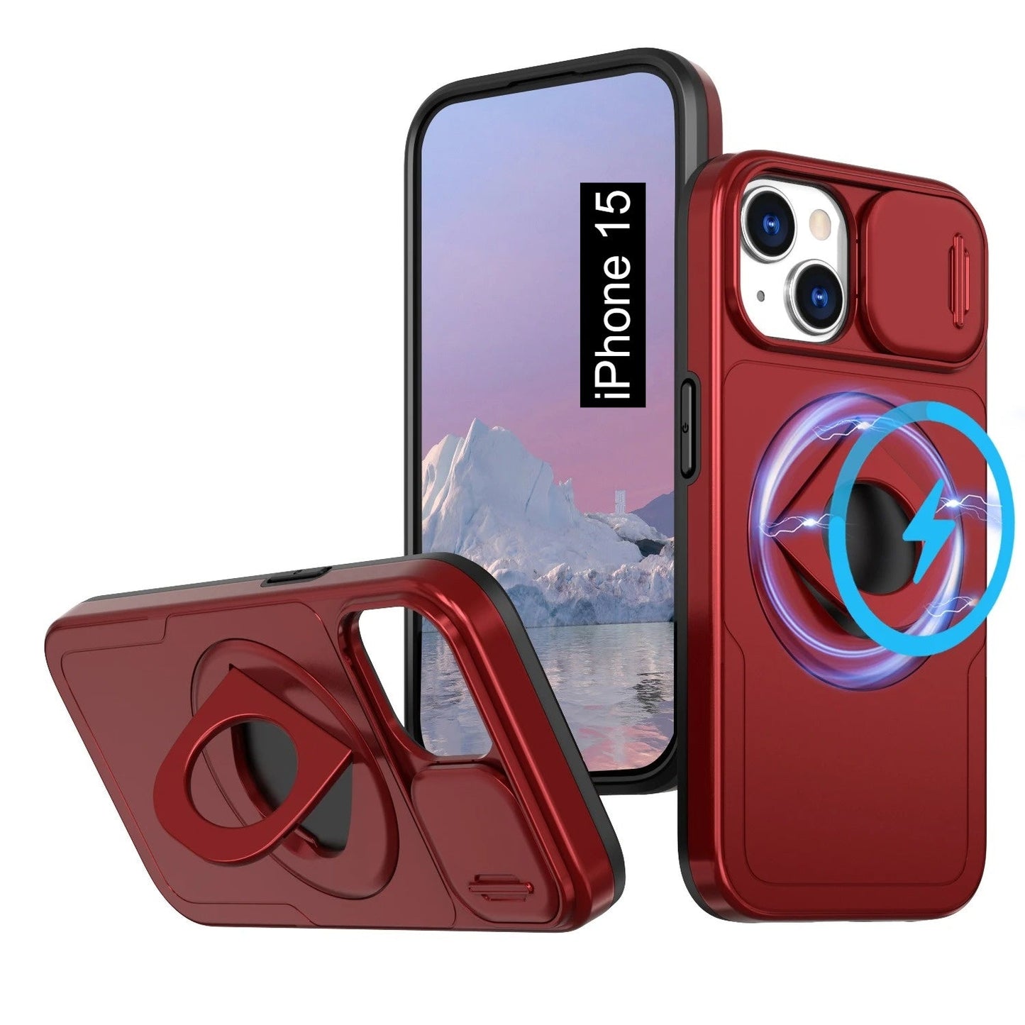 LuxuryKase Mag-Safe Shockproof Rugged Back Case with Finger Ring Kickstand & Sliding Camera Cover | Military Drop Protection | Wireless Charging Support For iPhone Series