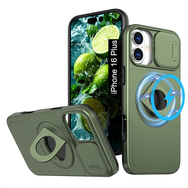 LuxuryKase Mag-Safe Shockproof Rugged Back Case with Finger Ring Kickstand & Sliding Camera Cover | Military Drop Protection | Wireless Charging Support For iPhone Series