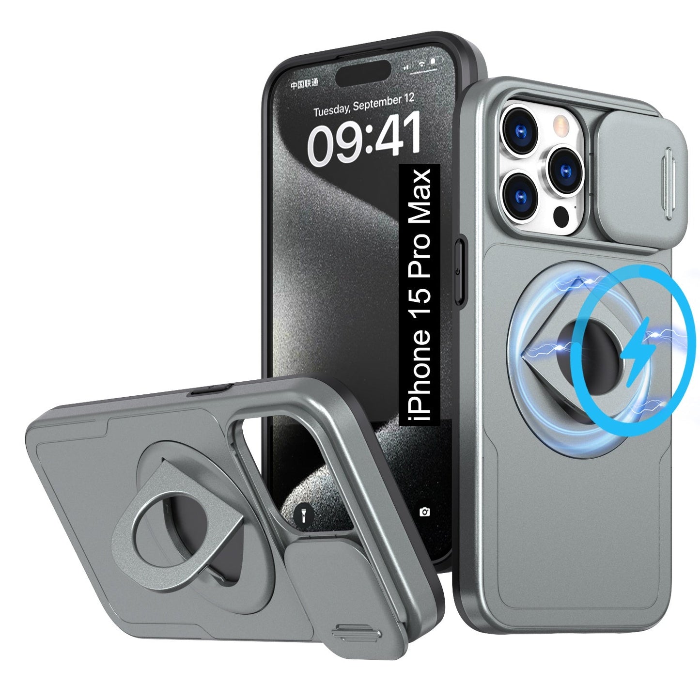 LuxuryKase Mag-Safe Shockproof Rugged Back Case with Finger Ring Kickstand & Sliding Camera Cover | Military Drop Protection | Wireless Charging Support For iPhone Series