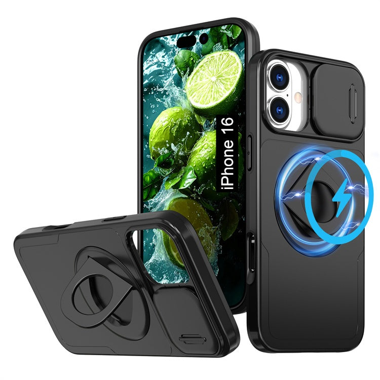 LuxuryKase Mag-Safe Shockproof Rugged Back Case with Finger Ring Kickstand & Sliding Camera Cover | Military Drop Protection | Wireless Charging Support For iPhone Series