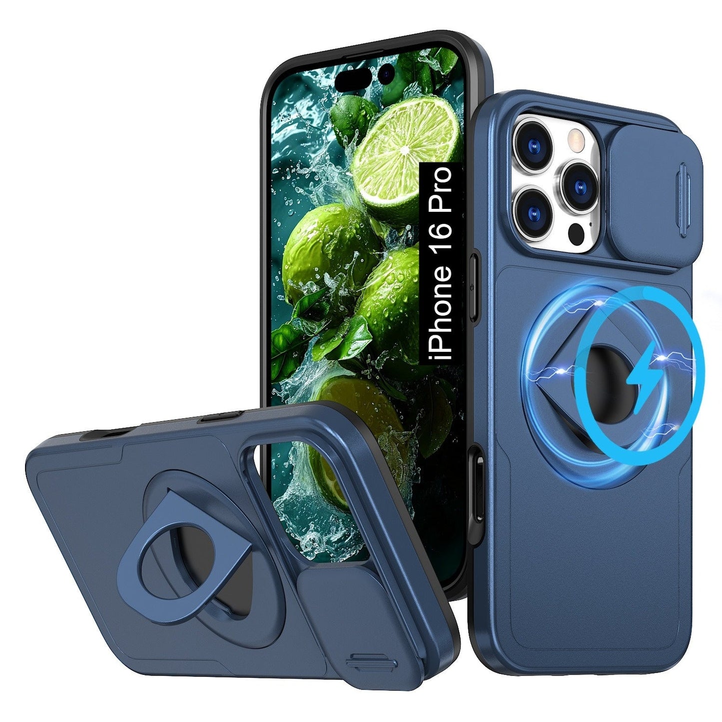 LuxuryKase Mag-Safe Shockproof Rugged Back Case with Finger Ring Kickstand & Sliding Camera Cover | Military Drop Protection | Wireless Charging Support For iPhone Series