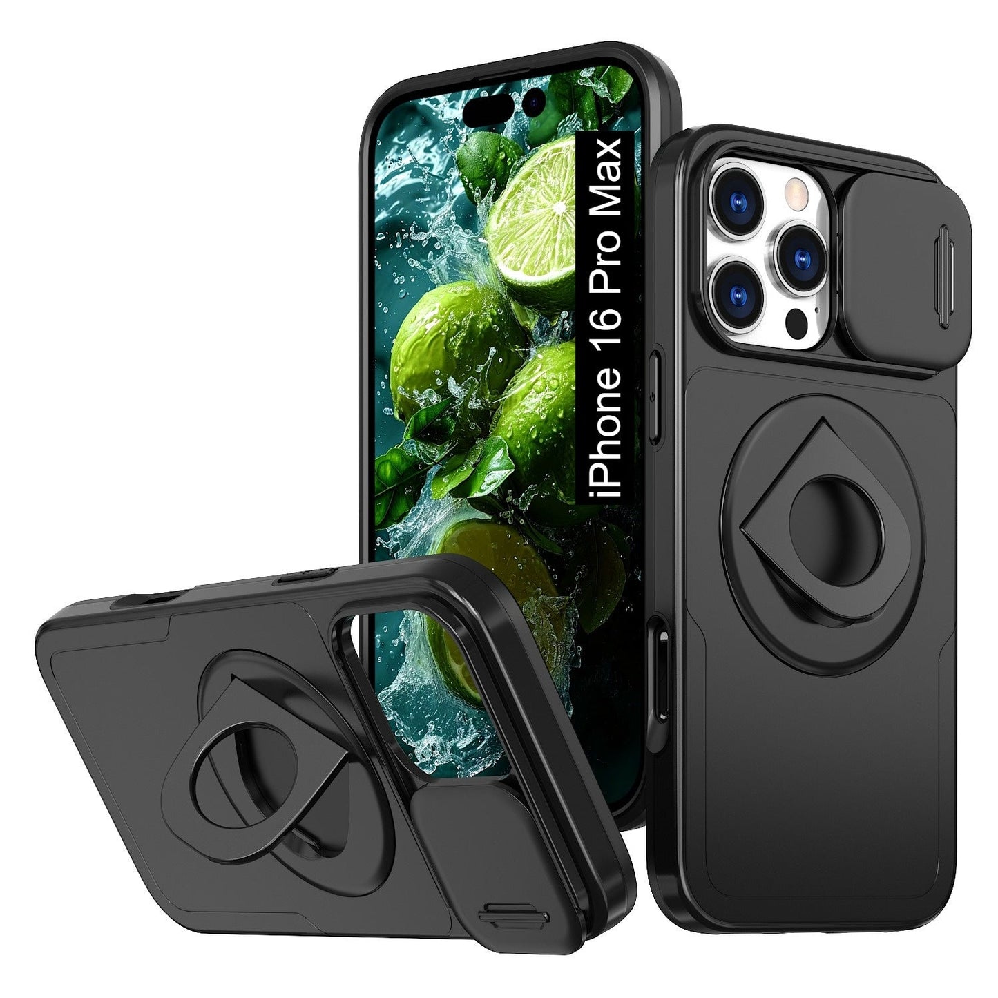 LuxuryKase Mag-Safe Shockproof Rugged Back Case with Finger Ring Kickstand & Sliding Camera Cover | Military Drop Protection | Wireless Charging Support For iPhone Series