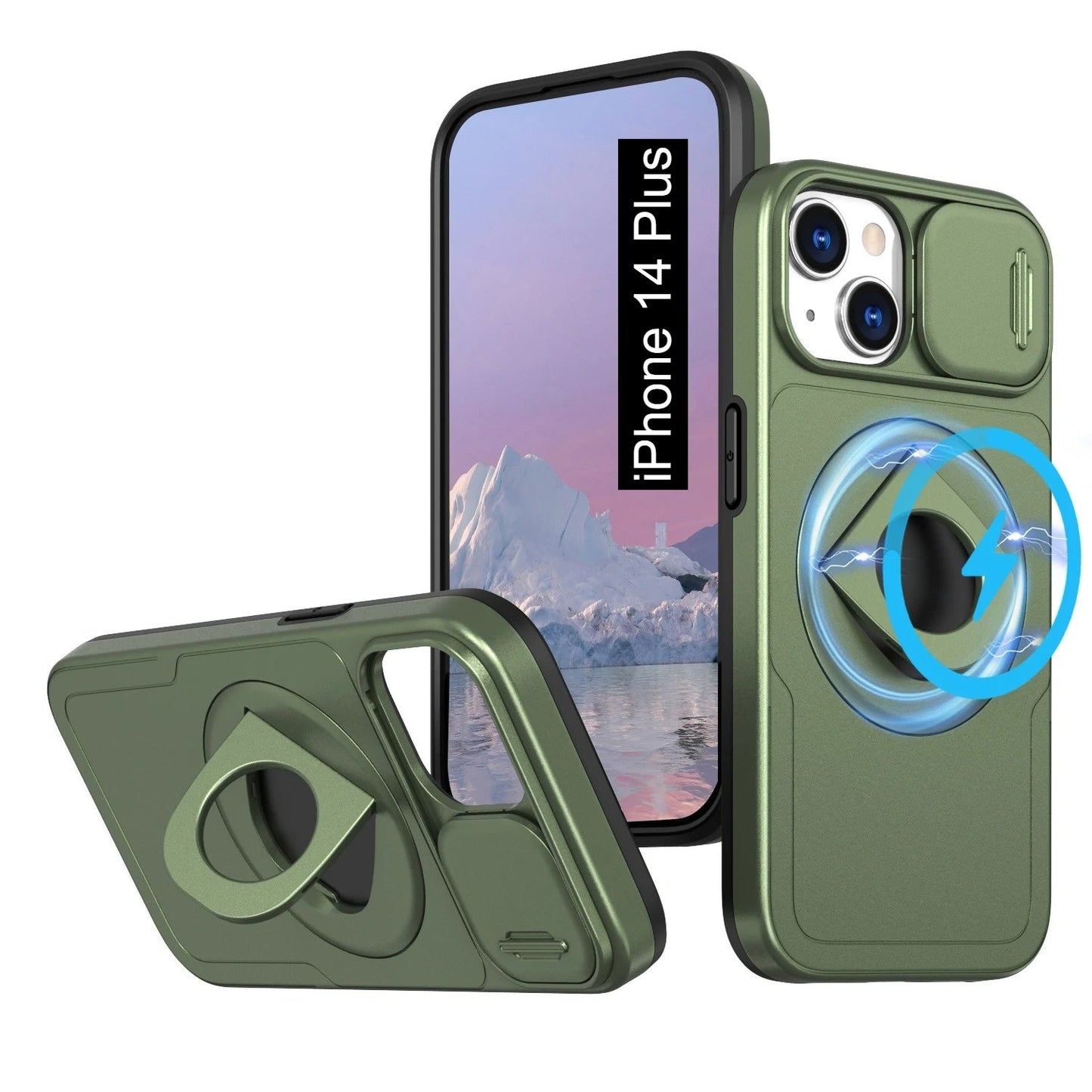 LuxuryKase Mag-Safe Shockproof Rugged Back Case with Finger Ring Kickstand & Sliding Camera Cover | Military Drop Protection | Wireless Charging Support For iPhone Series