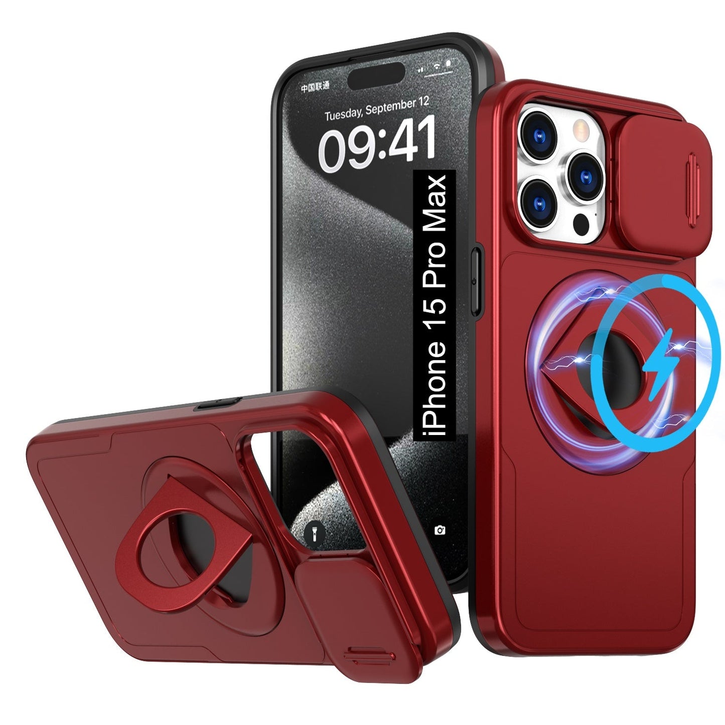 LuxuryKase Mag-Safe Shockproof Rugged Back Case with Finger Ring Kickstand & Sliding Camera Cover | Military Drop Protection | Wireless Charging Support For iPhone Series