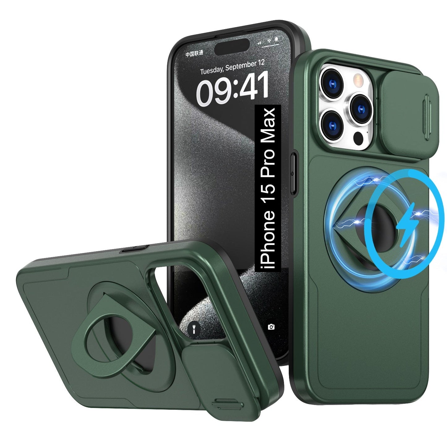 LuxuryKase Mag-Safe Shockproof Rugged Back Case with Finger Ring Kickstand & Sliding Camera Cover | Military Drop Protection | Wireless Charging Support For iPhone Series