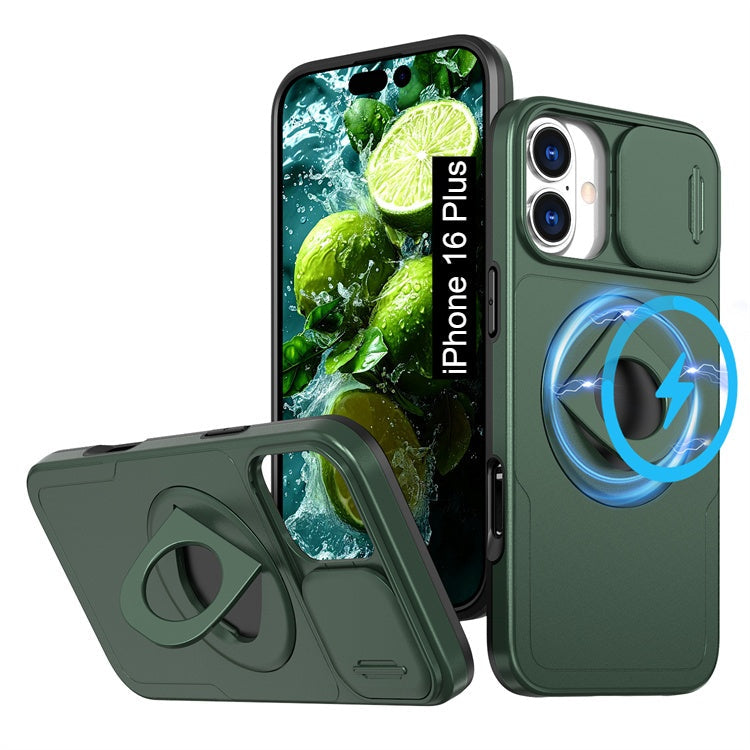 LuxuryKase Mag-Safe Shockproof Rugged Back Case with Finger Ring Kickstand & Sliding Camera Cover | Military Drop Protection | Wireless Charging Support For iPhone Series