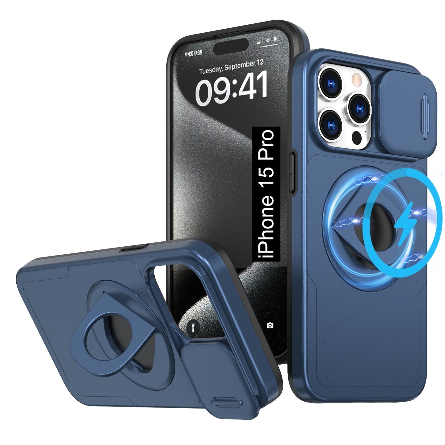 LuxuryKase Mag-Safe Shockproof Rugged Back Case with Finger Ring Kickstand & Sliding Camera Cover | Military Drop Protection | Wireless Charging Support For iPhone Series