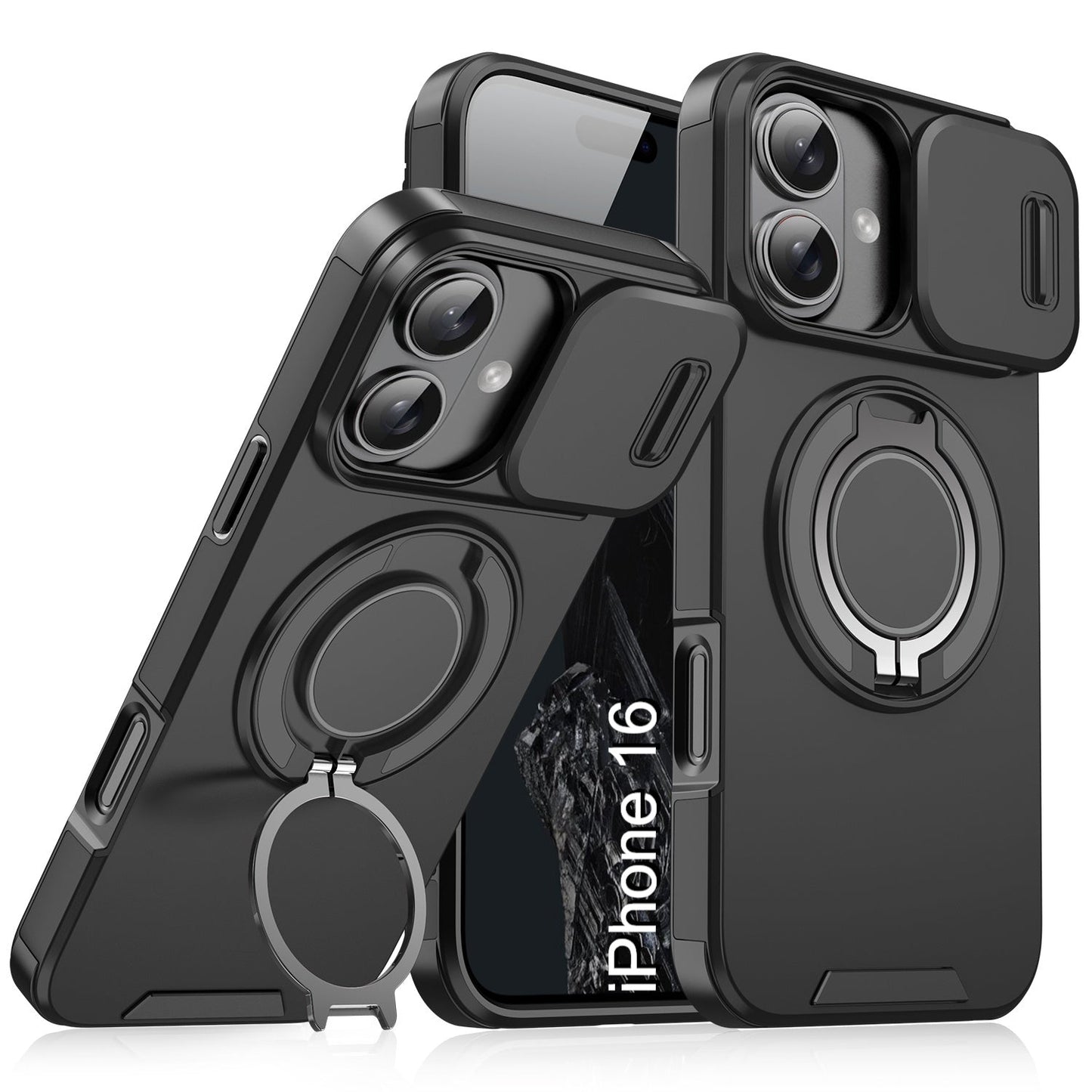 LuxuryKase Shockproof Magnetic Case with Slide Camera Cover | 360° Rotating Ring Kickstand | Mag-Safe Compatible | Rugged Armor Protection For iPhone Series