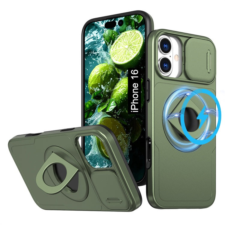 LuxuryKase Mag-Safe Shockproof Rugged Back Case with Finger Ring Kickstand & Sliding Camera Cover | Military Drop Protection | Wireless Charging Support For iPhone Series