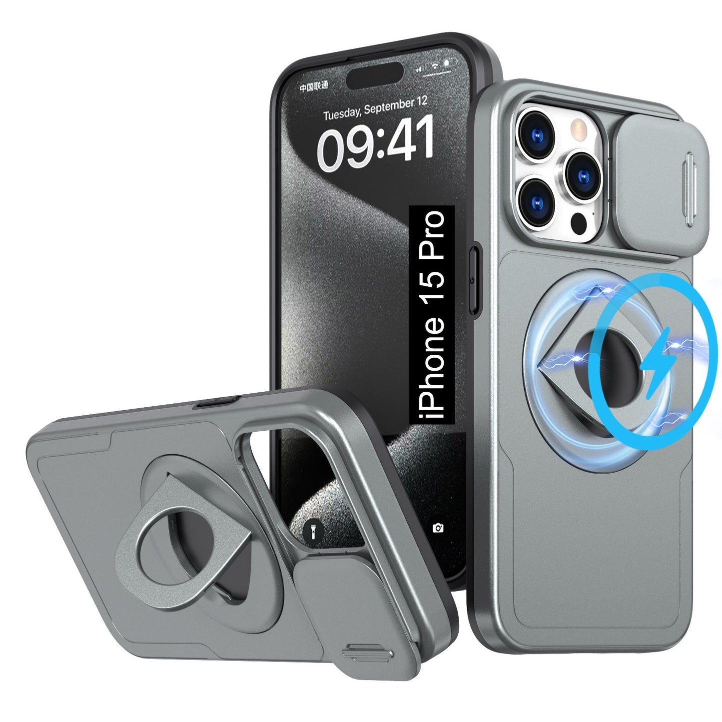 LuxuryKase Mag-Safe Shockproof Rugged Back Case with Finger Ring Kickstand & Sliding Camera Cover | Military Drop Protection | Wireless Charging Support For iPhone Series