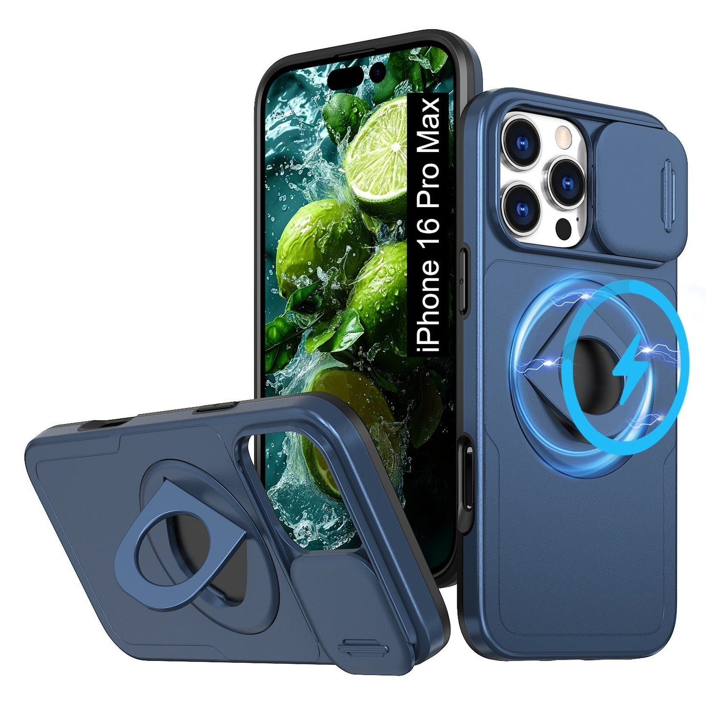 LuxuryKase Mag-Safe Shockproof Rugged Back Case with Finger Ring Kickstand & Sliding Camera Cover | Military Drop Protection | Wireless Charging Support For iPhone Series