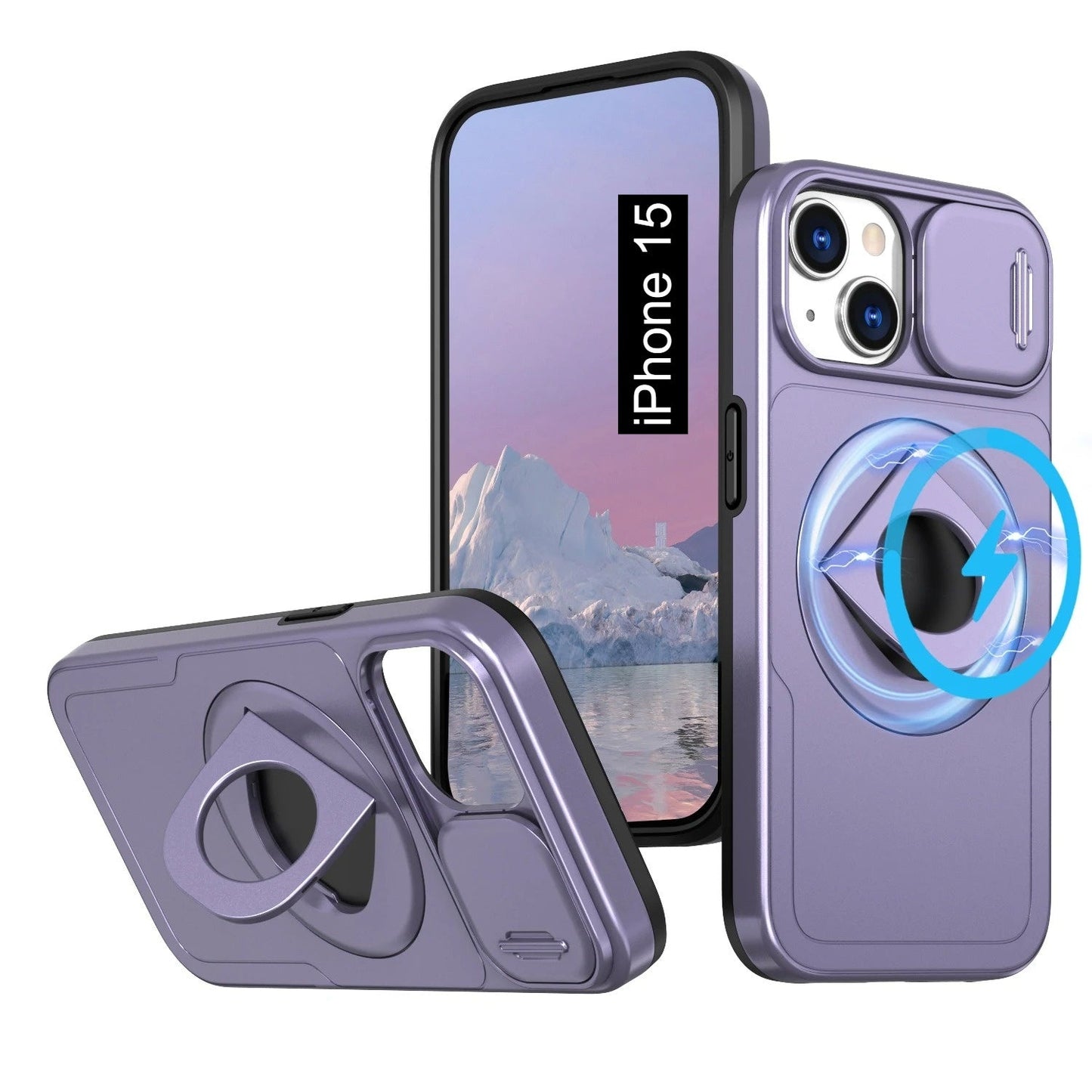 LuxuryKase Mag-Safe Shockproof Rugged Back Case with Finger Ring Kickstand & Sliding Camera Cover | Military Drop Protection | Wireless Charging Support For iPhone Series