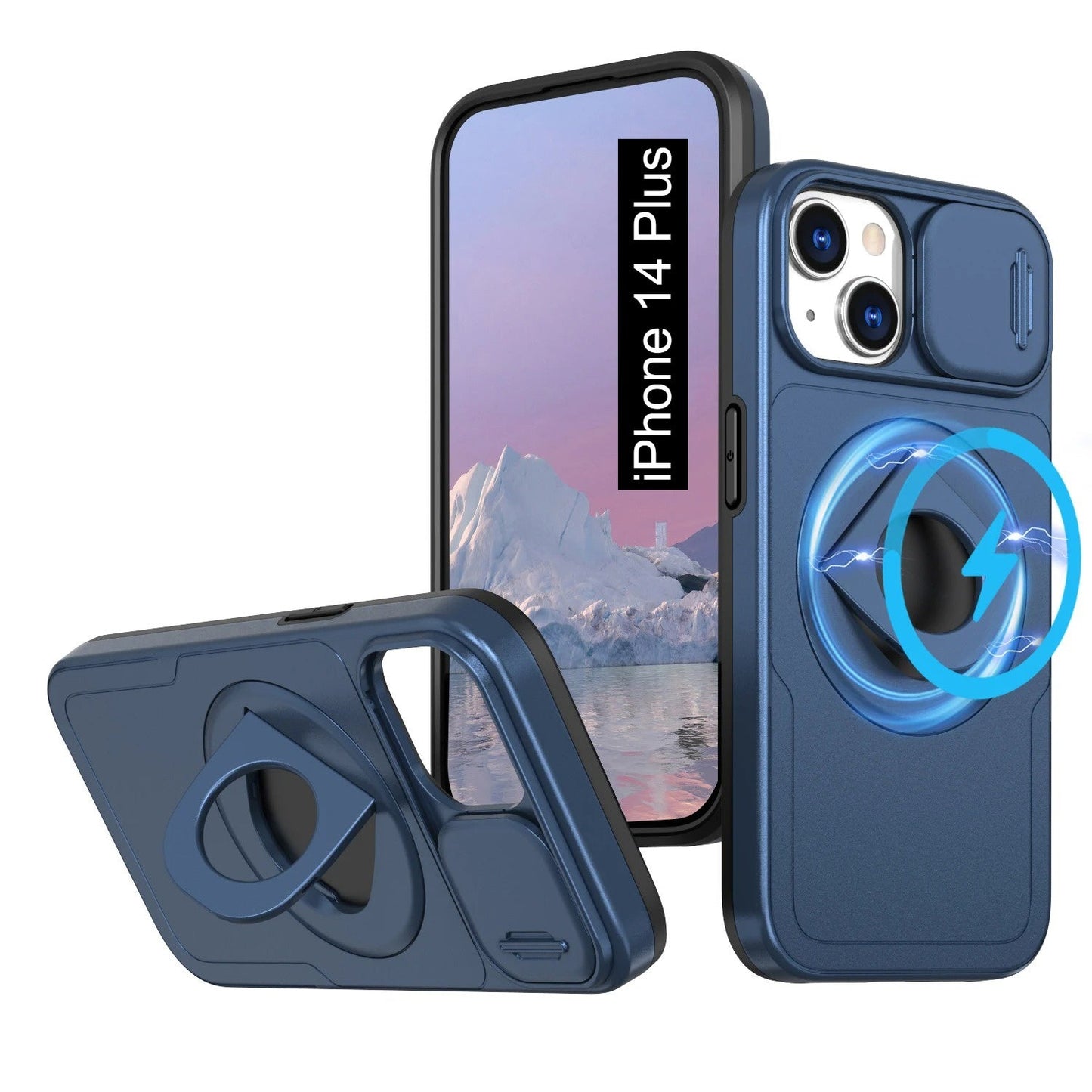 LuxuryKase Mag-Safe Shockproof Rugged Back Case with Finger Ring Kickstand & Sliding Camera Cover | Military Drop Protection | Wireless Charging Support For iPhone Series