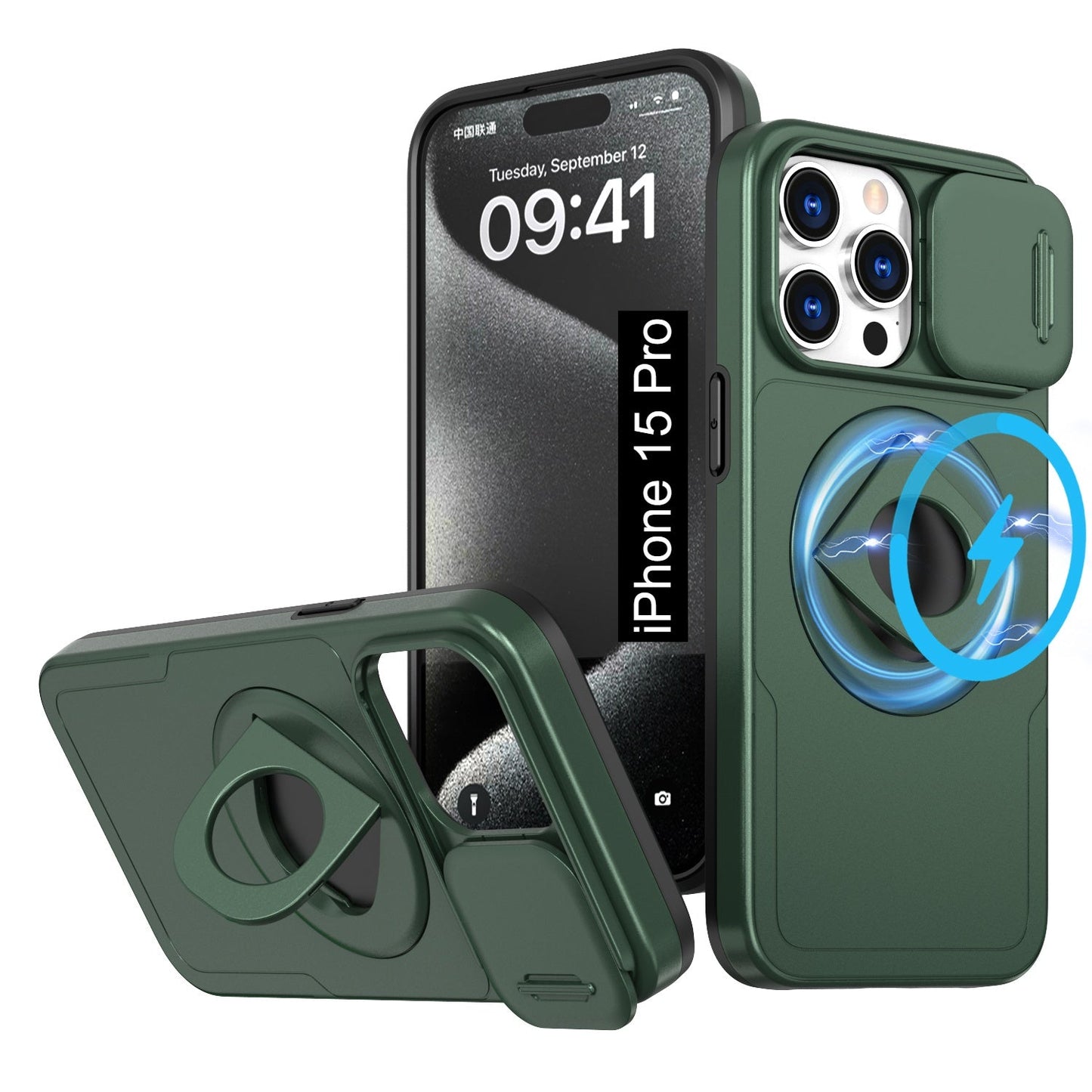LuxuryKase Mag-Safe Shockproof Rugged Back Case with Finger Ring Kickstand & Sliding Camera Cover | Military Drop Protection | Wireless Charging Support For iPhone Series